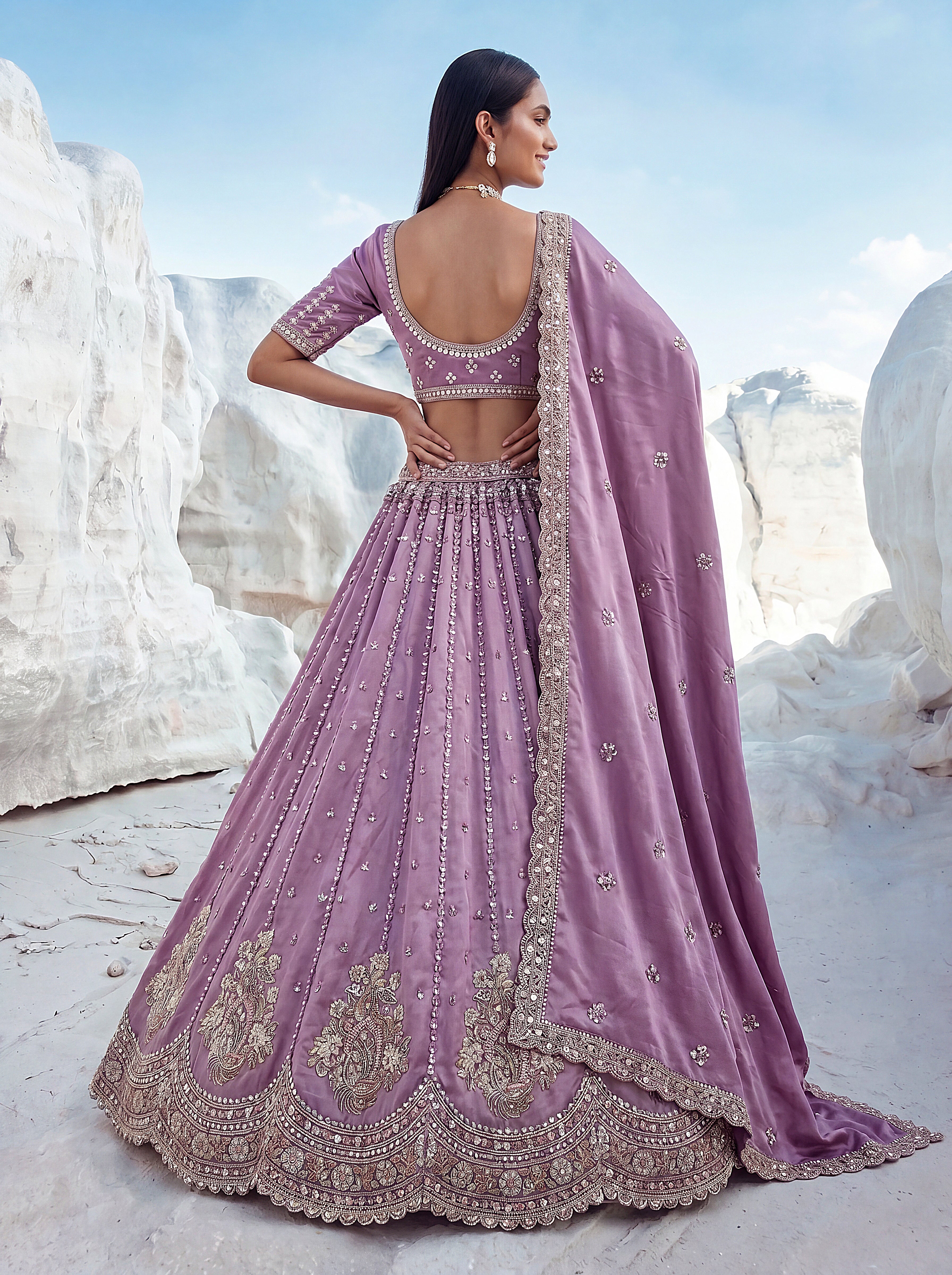Twilight Bloom Purple Cadbury Silk Lehenga Choli with Intricate Handwork