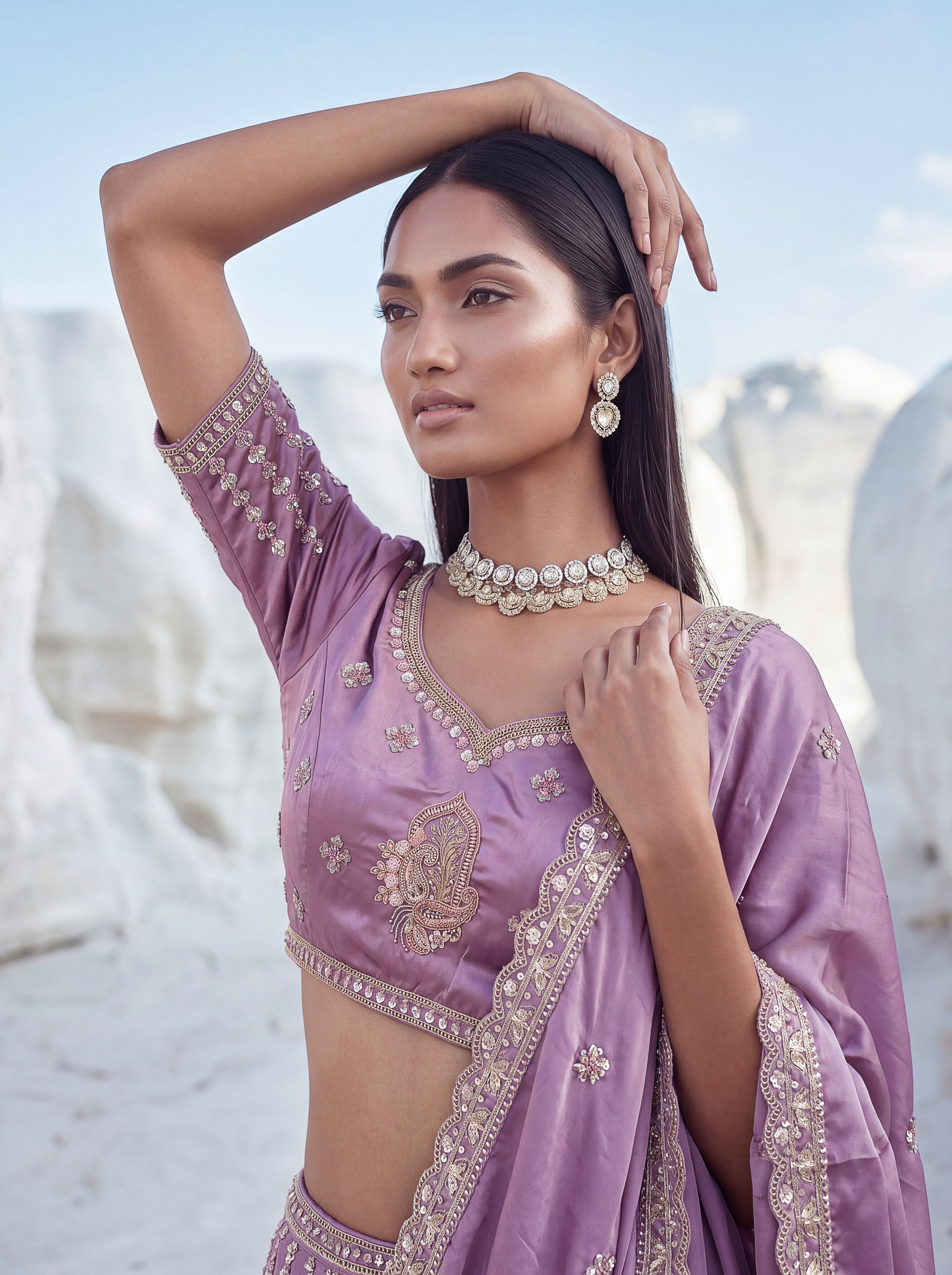 Twilight Bloom Purple Cadbury Silk Lehenga Choli with Intricate Handwork