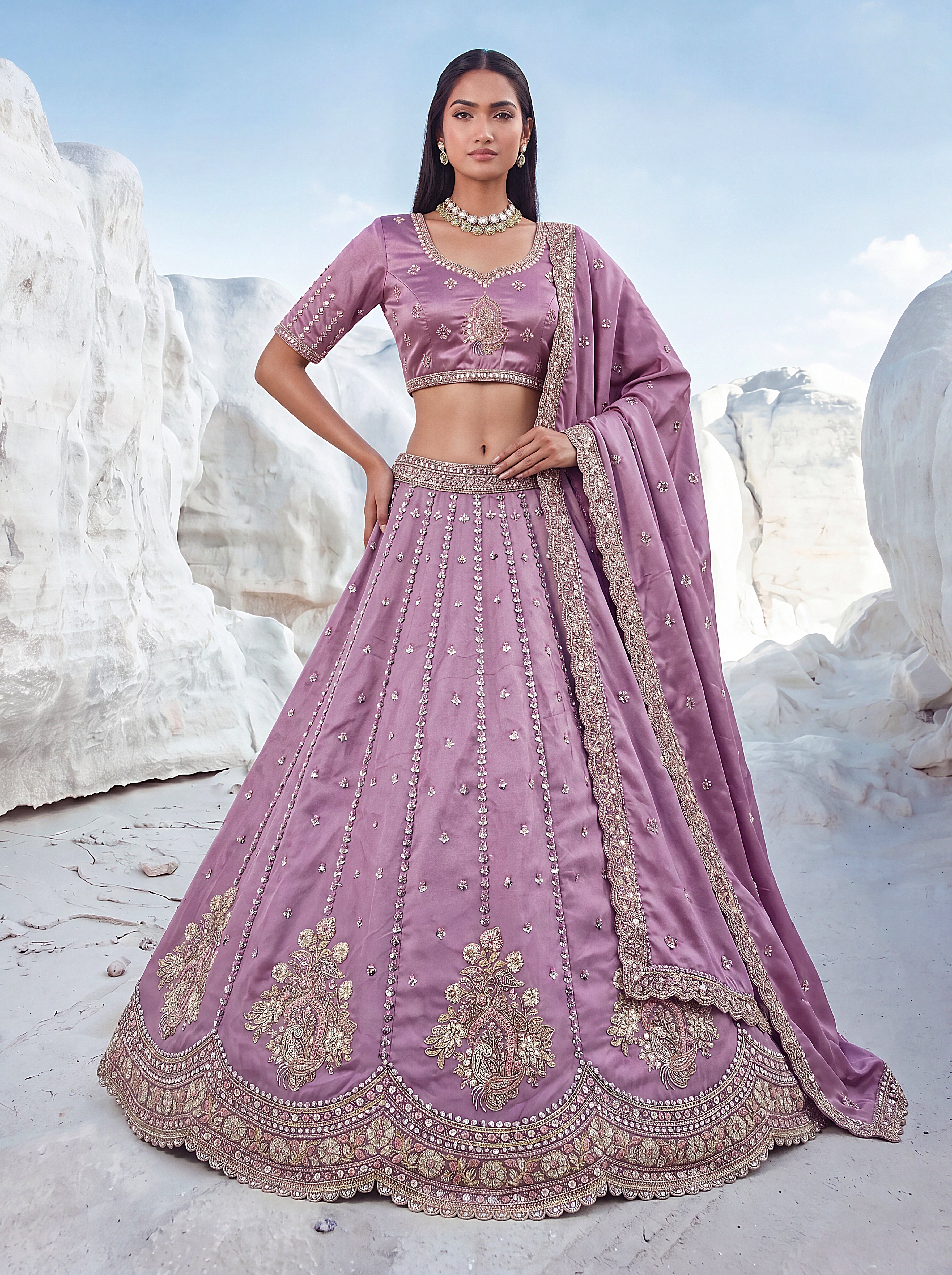 Twilight Bloom Purple Cadbury Silk Lehenga Choli with Intricate Handwork