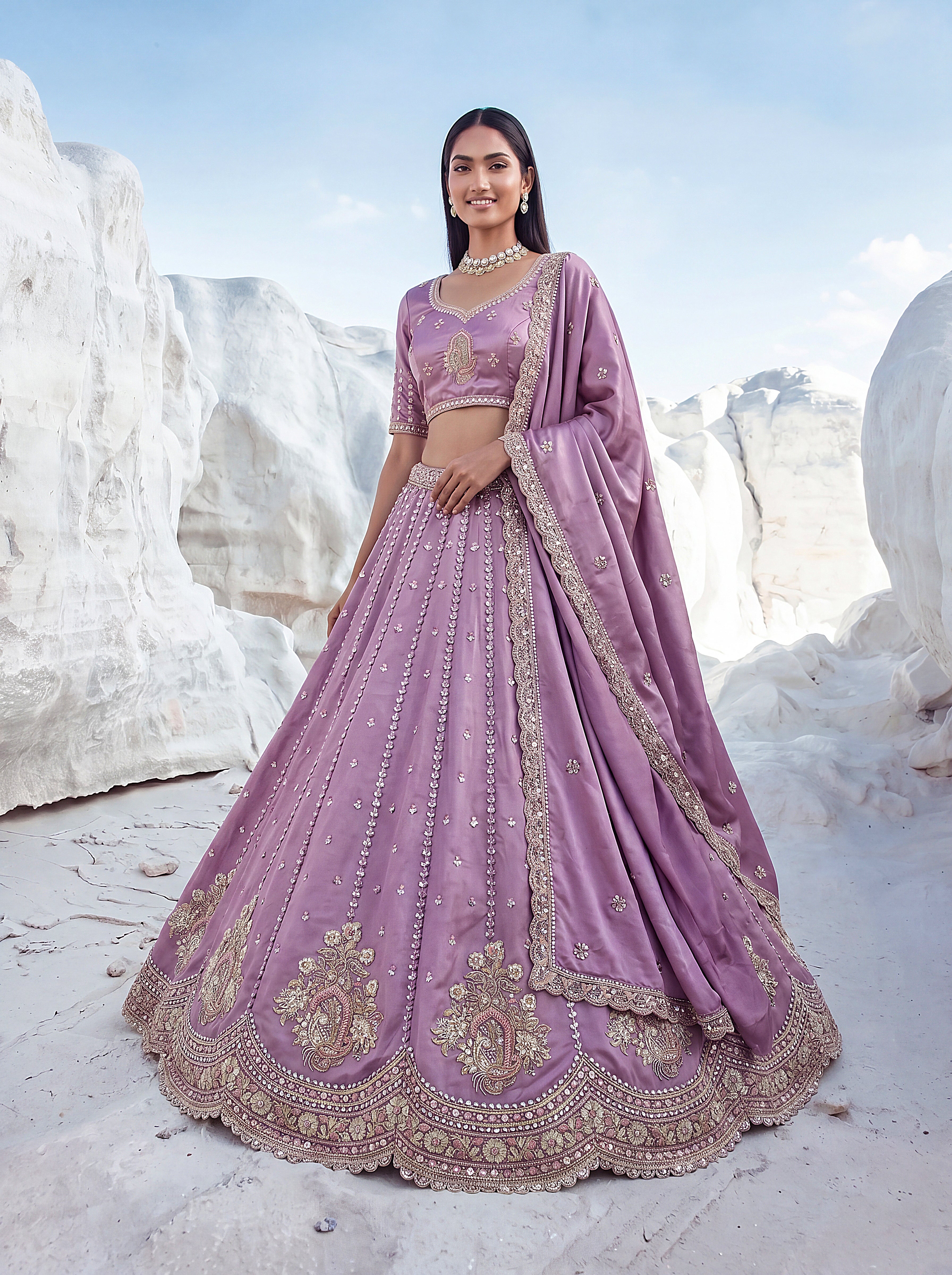 Twilight Bloom Purple Cadbury Silk Lehenga Choli with Intricate Handwork