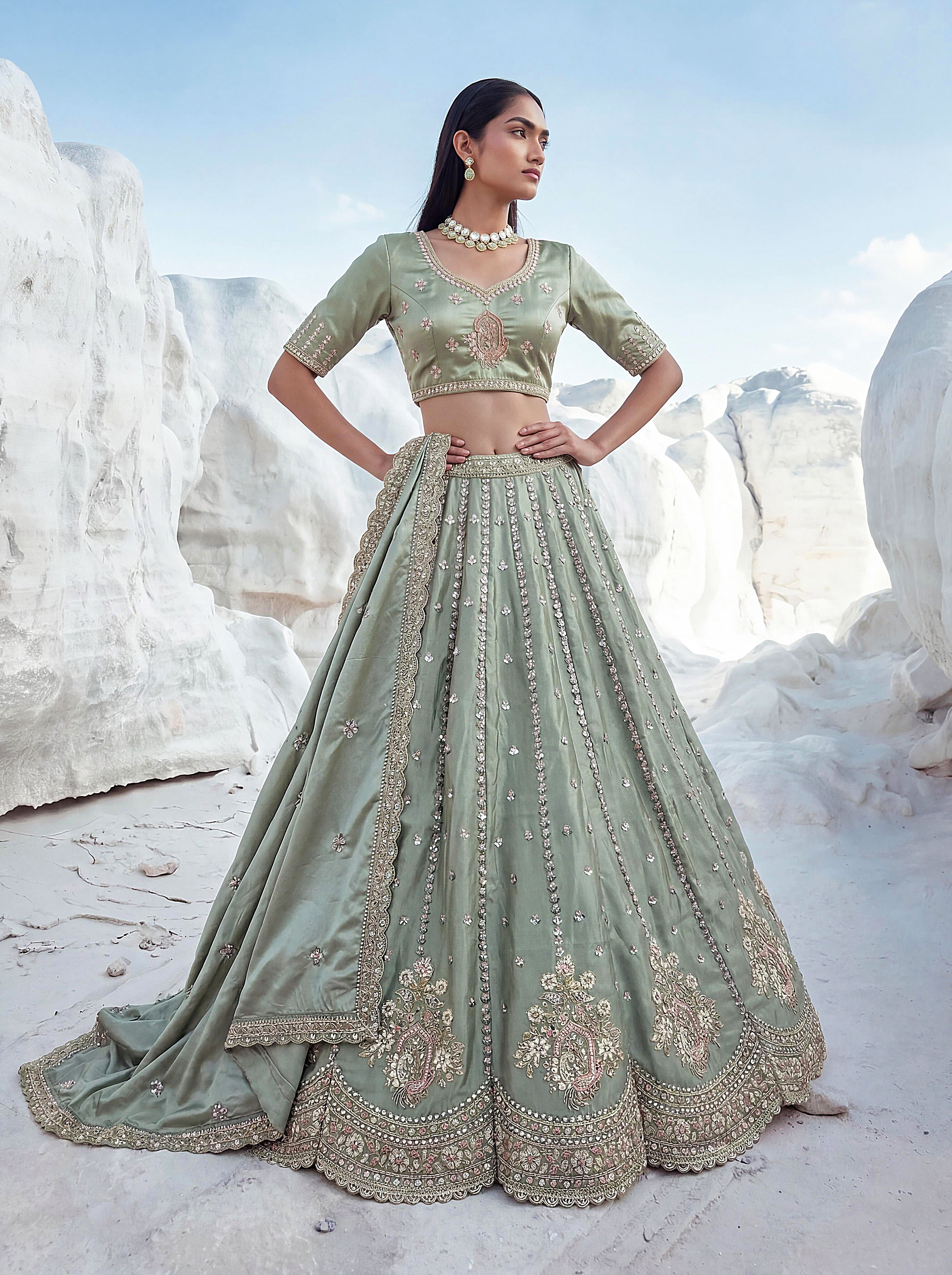 Twilight Bloom Sage Green Cadbury Silk Lehenga Choli with Intricate Handwork