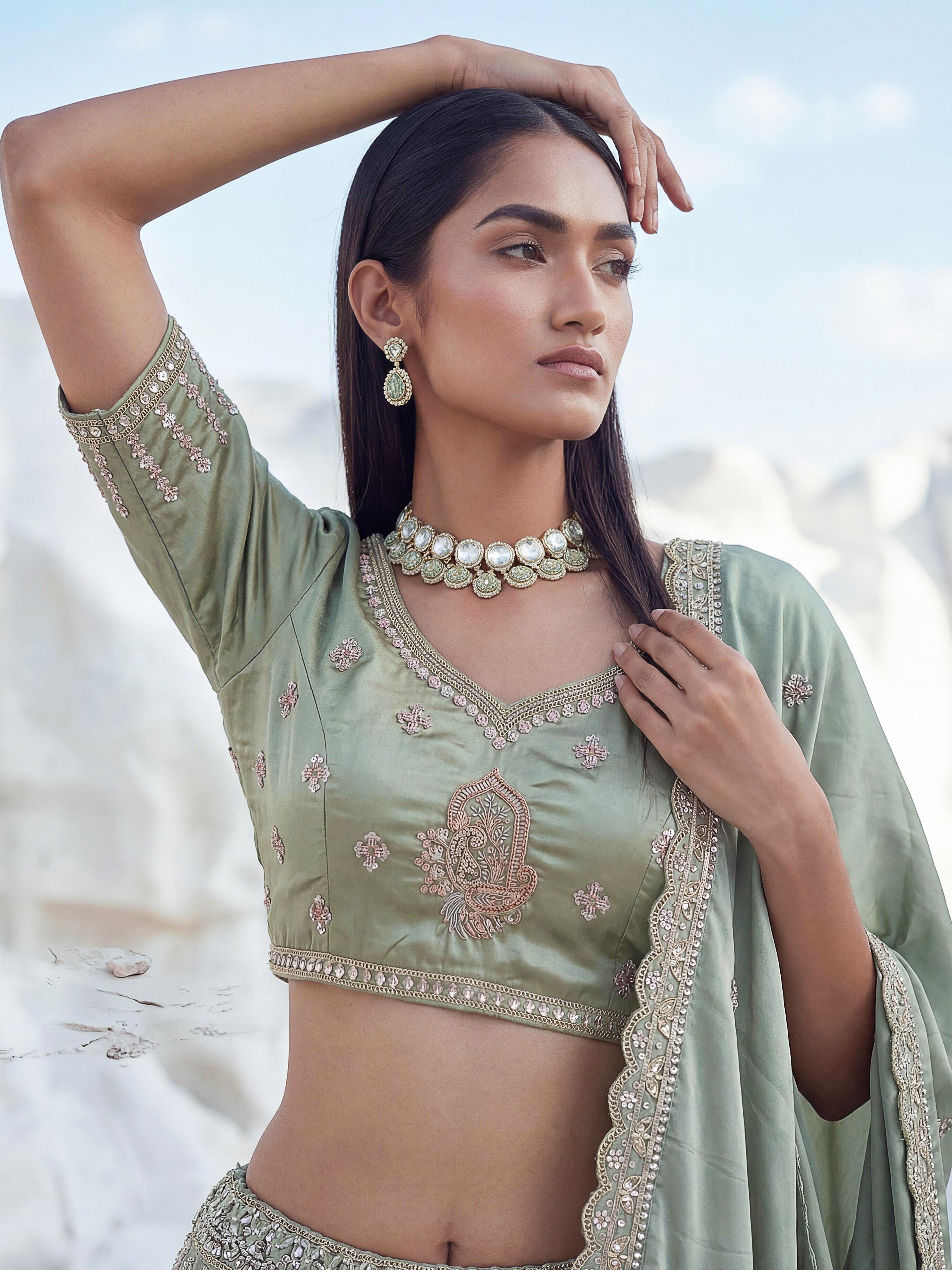 Twilight Bloom Sage Green Cadbury Silk Lehenga Choli with Intricate Handwork