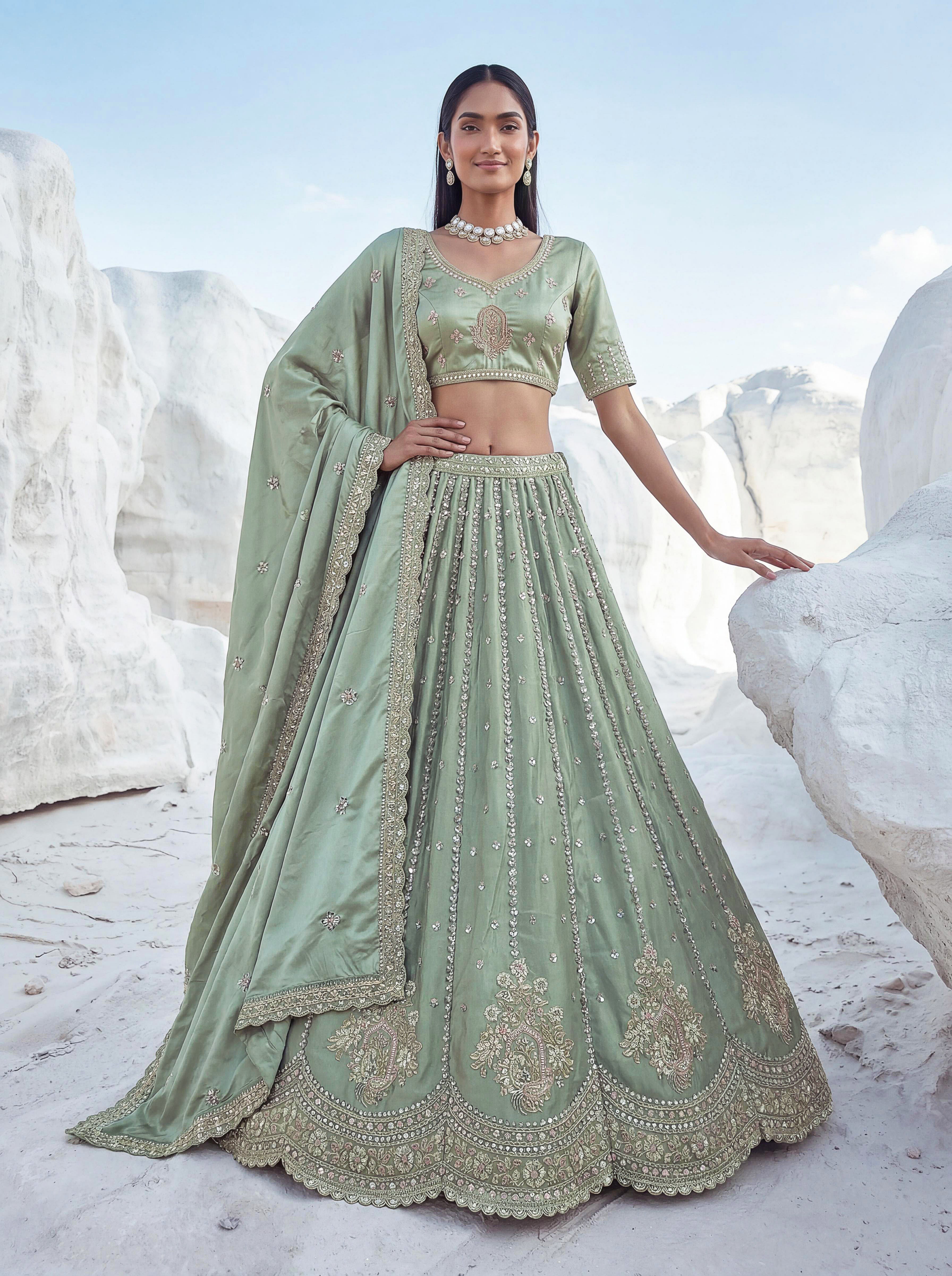 Twilight Bloom Sage Green Cadbury Silk Lehenga Choli with Intricate Handwork