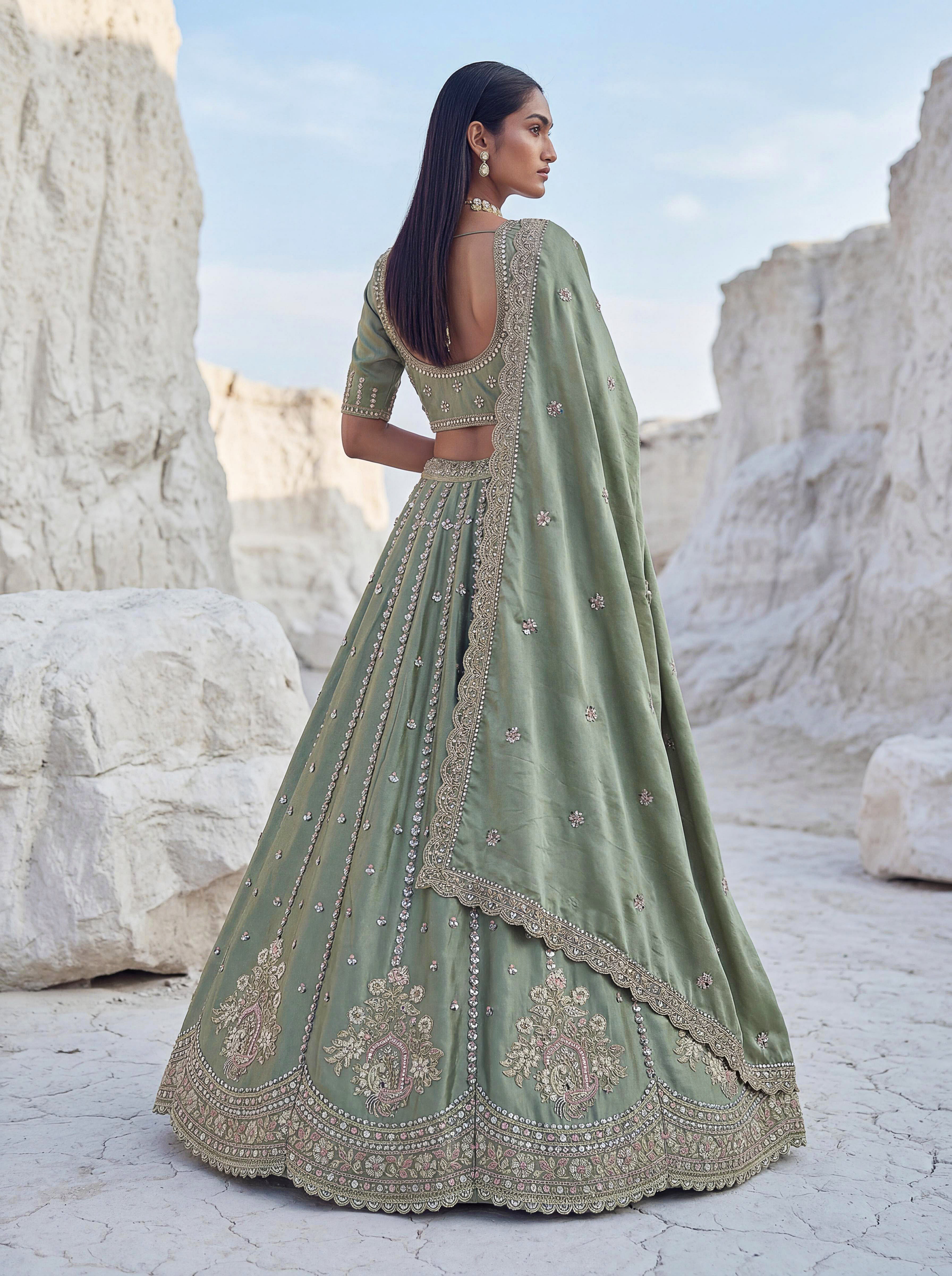 Twilight Bloom Sage Green Cadbury Silk Lehenga Choli with Intricate Handwork