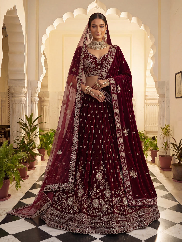 Royal Maroon Velvet Bridal Lehenga Choli with Zari Embroidery 
