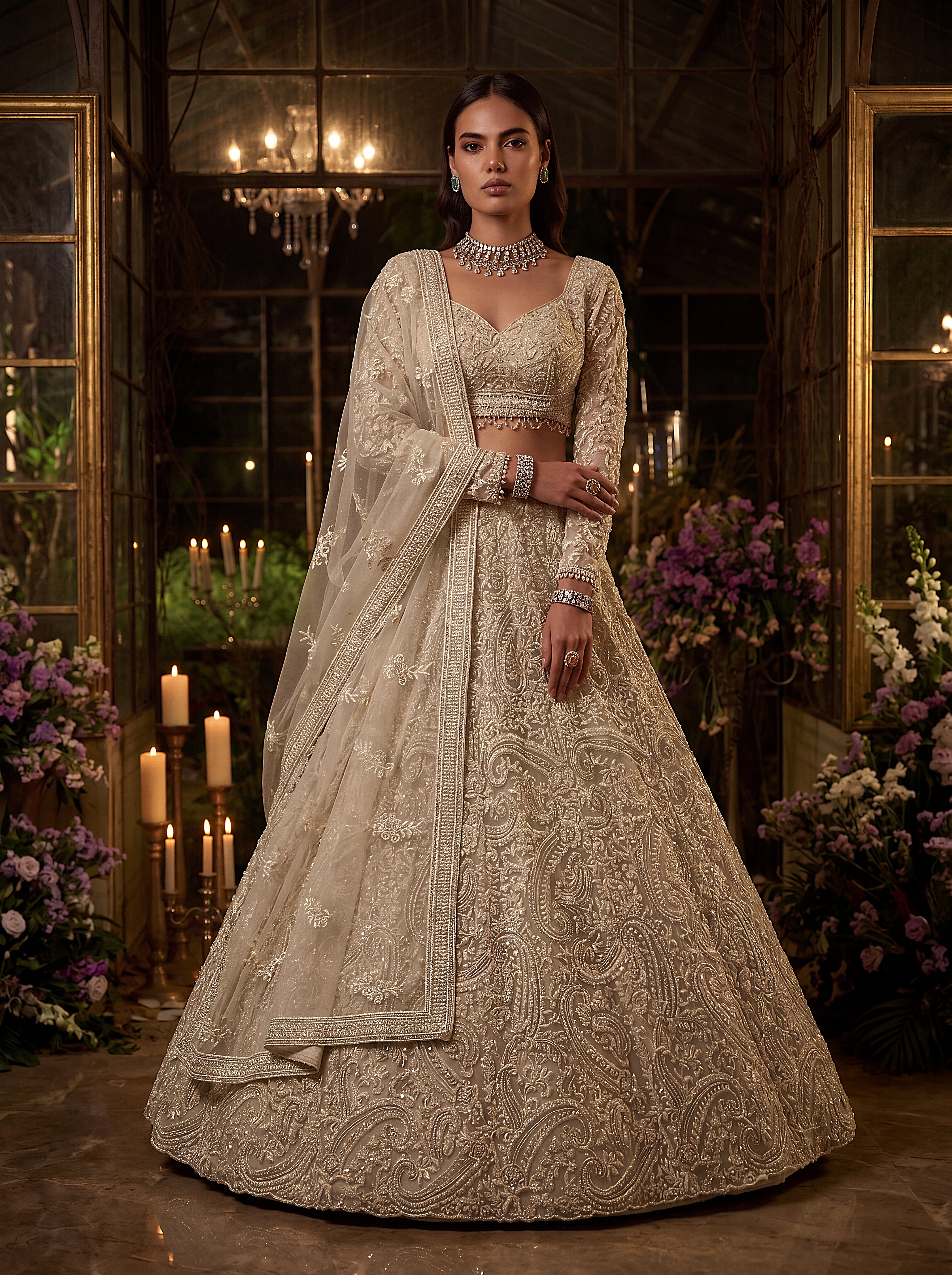 Seraphina Ivory Pearl & Sequin Embroidered Net Lehenga Set