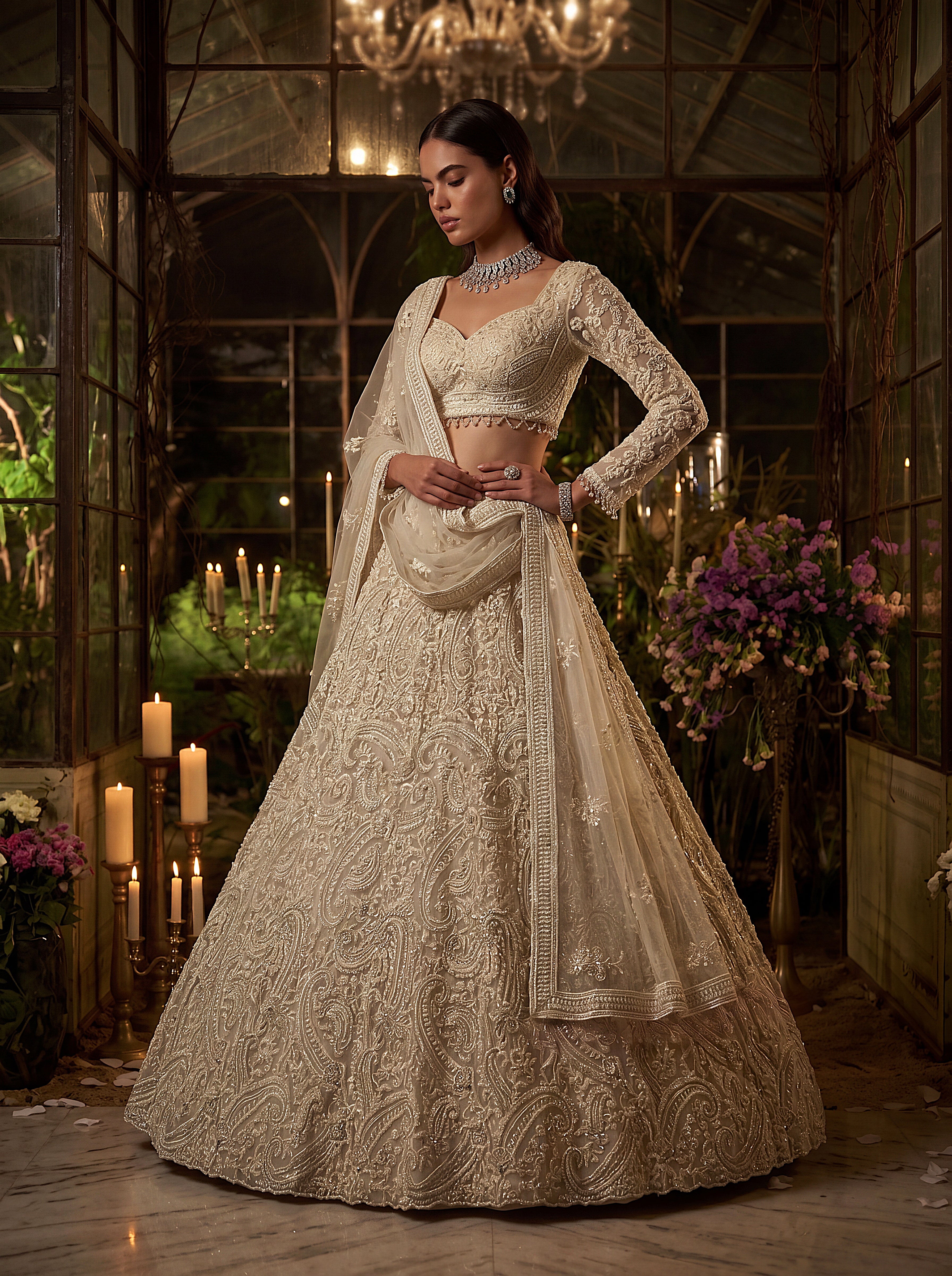 Seraphina Ivory Pearl & Sequin Embroidered Net Lehenga Set