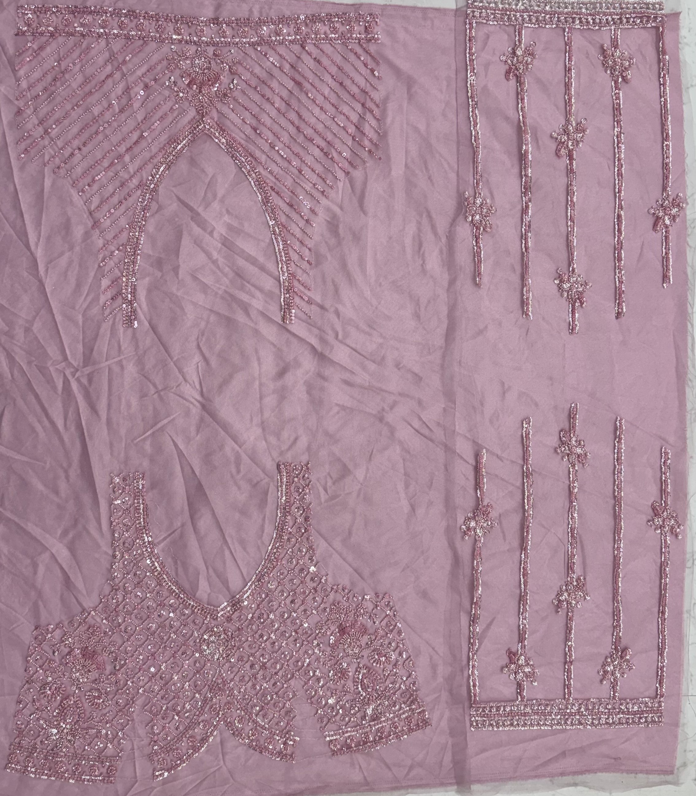 Intricate motifs and Beautiful Patterned Sequence arranged in Partywear Handwork Lehenga Chol