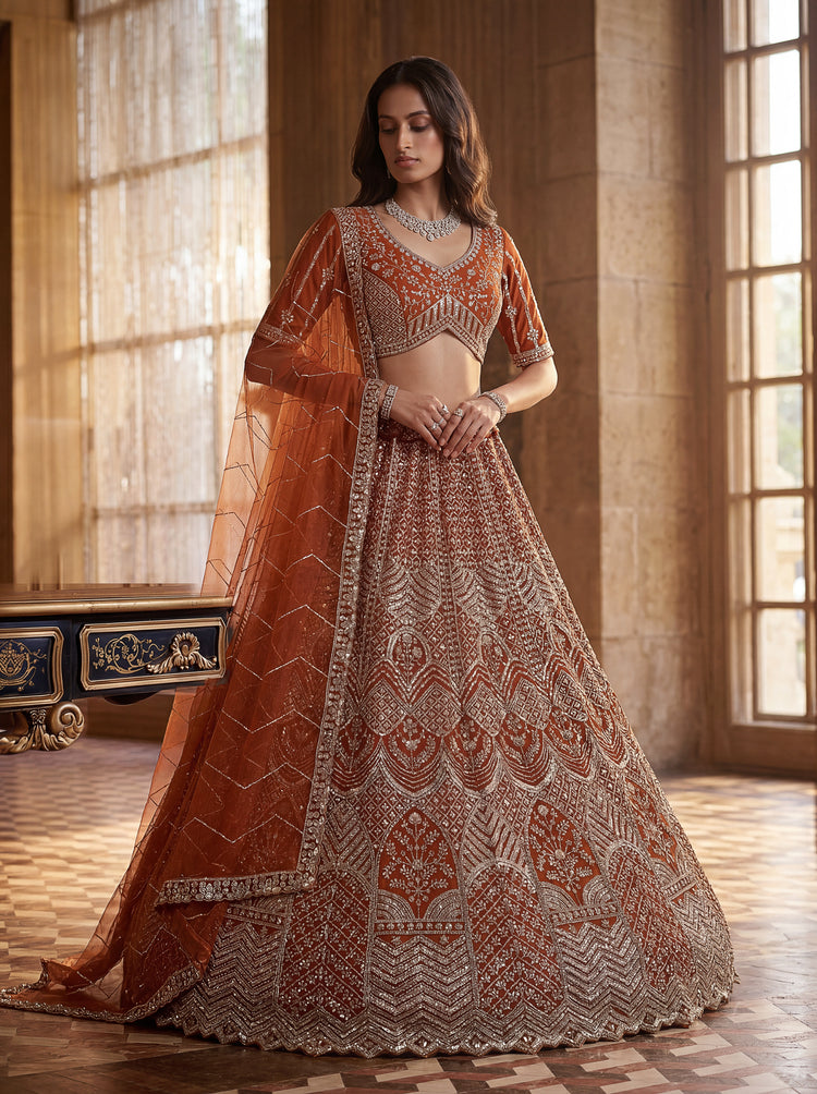 Rust Orange Bridal Net Lehenga Choli