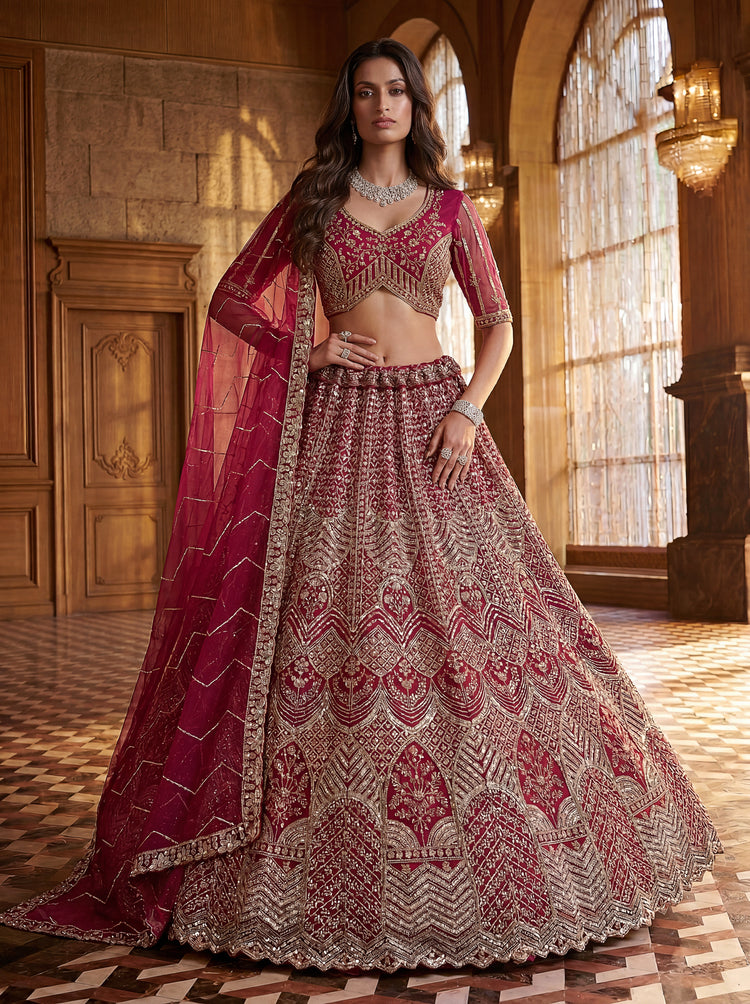 Elegant Rani Pink Bridal Net Lehenga Choli 