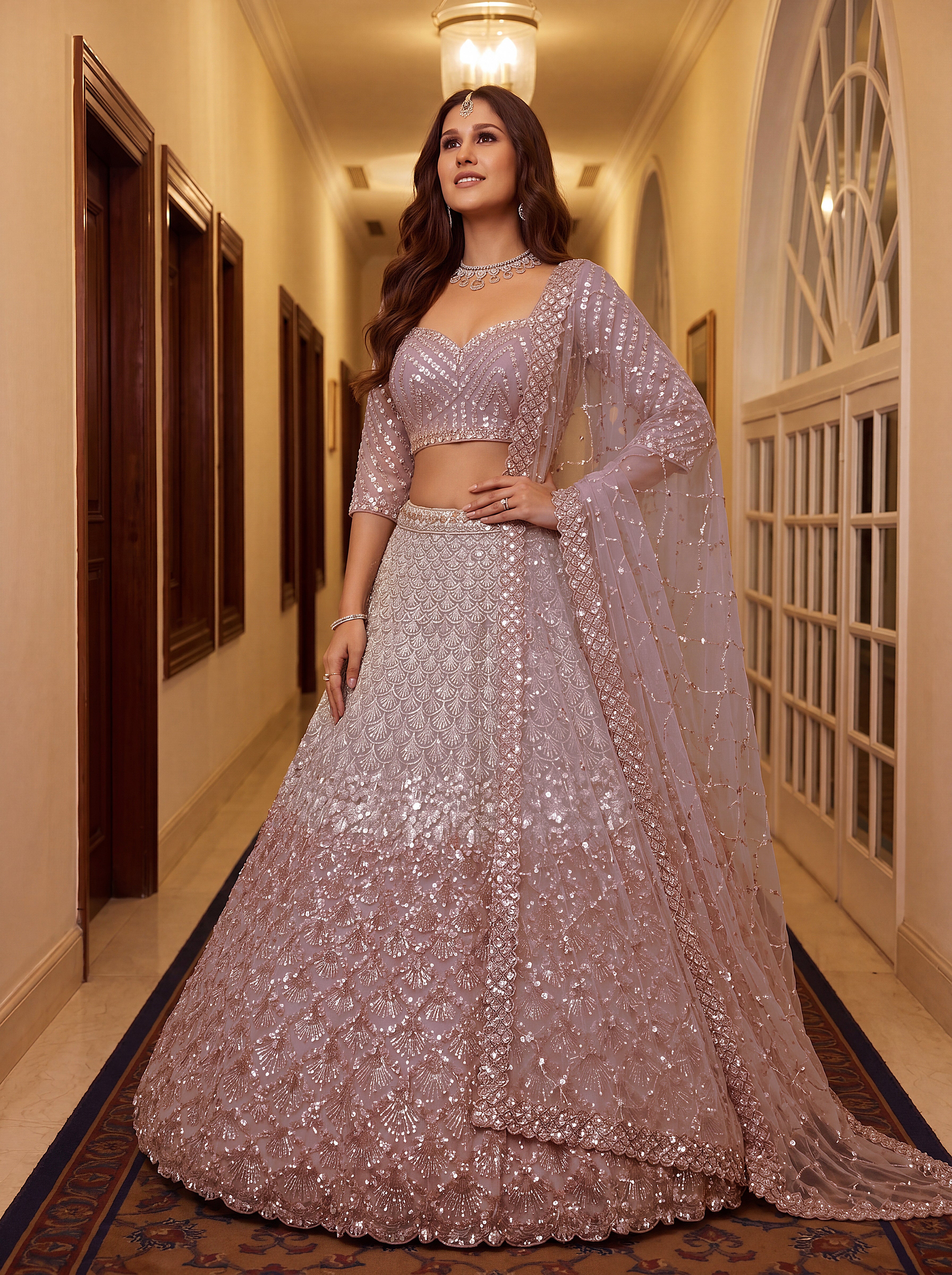 Blush Pearl Radiance Lehenga Choli – Designer Sequins Embroidered Bridal Net Lehenga