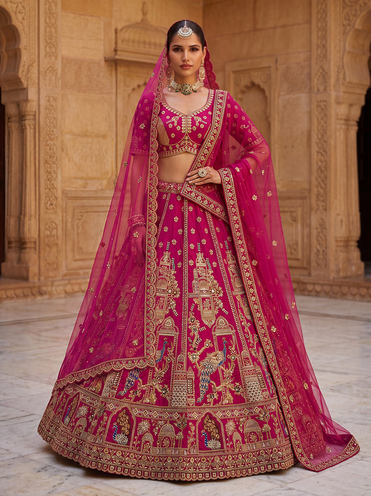 Pink Gadhwal Silk Bridal Lehenga Khatali Handwork