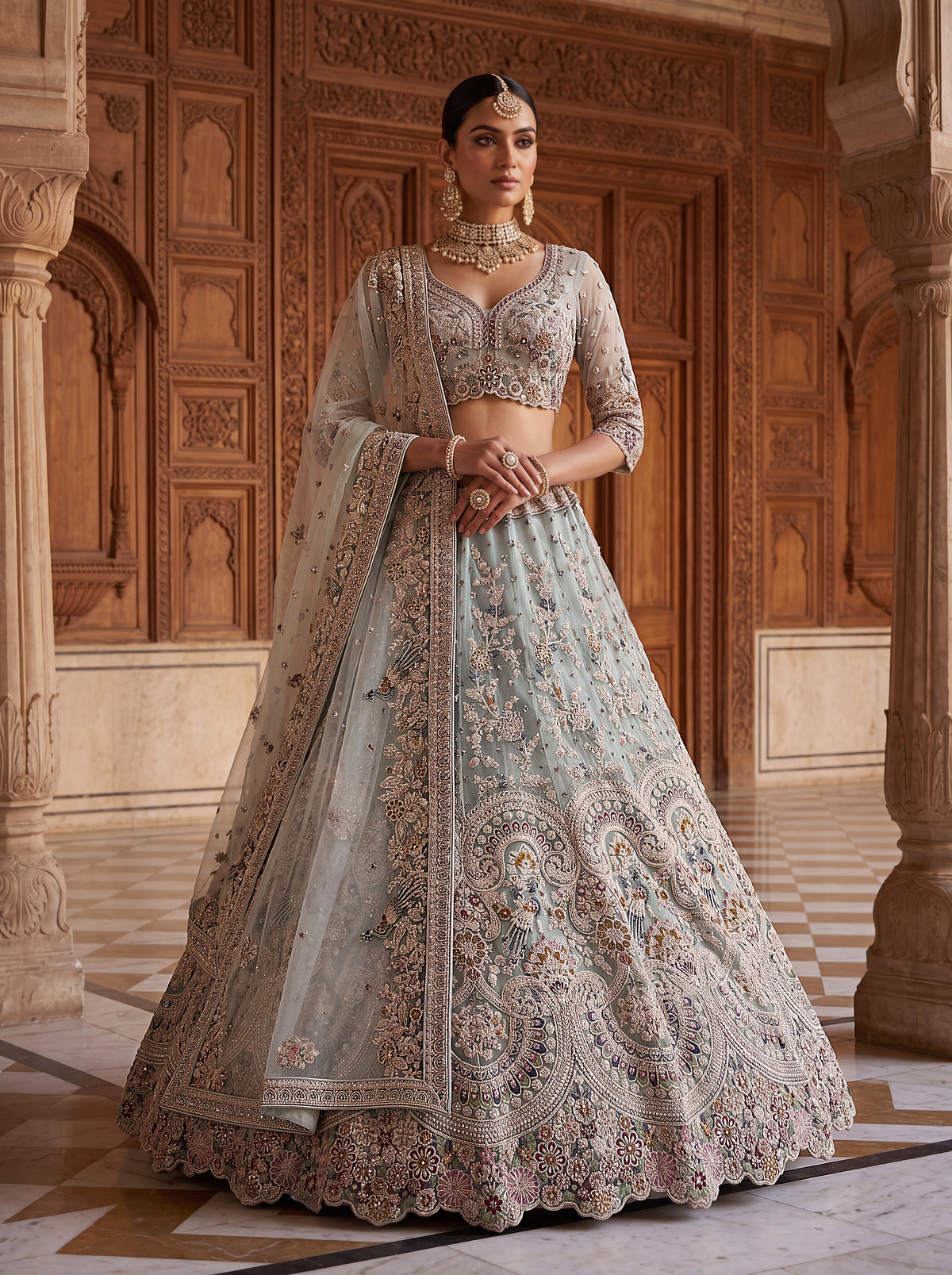 Ice Blue Premium Net Embroidered Lehenga Choli with Peacock Paisley Work and Designer Dupatta