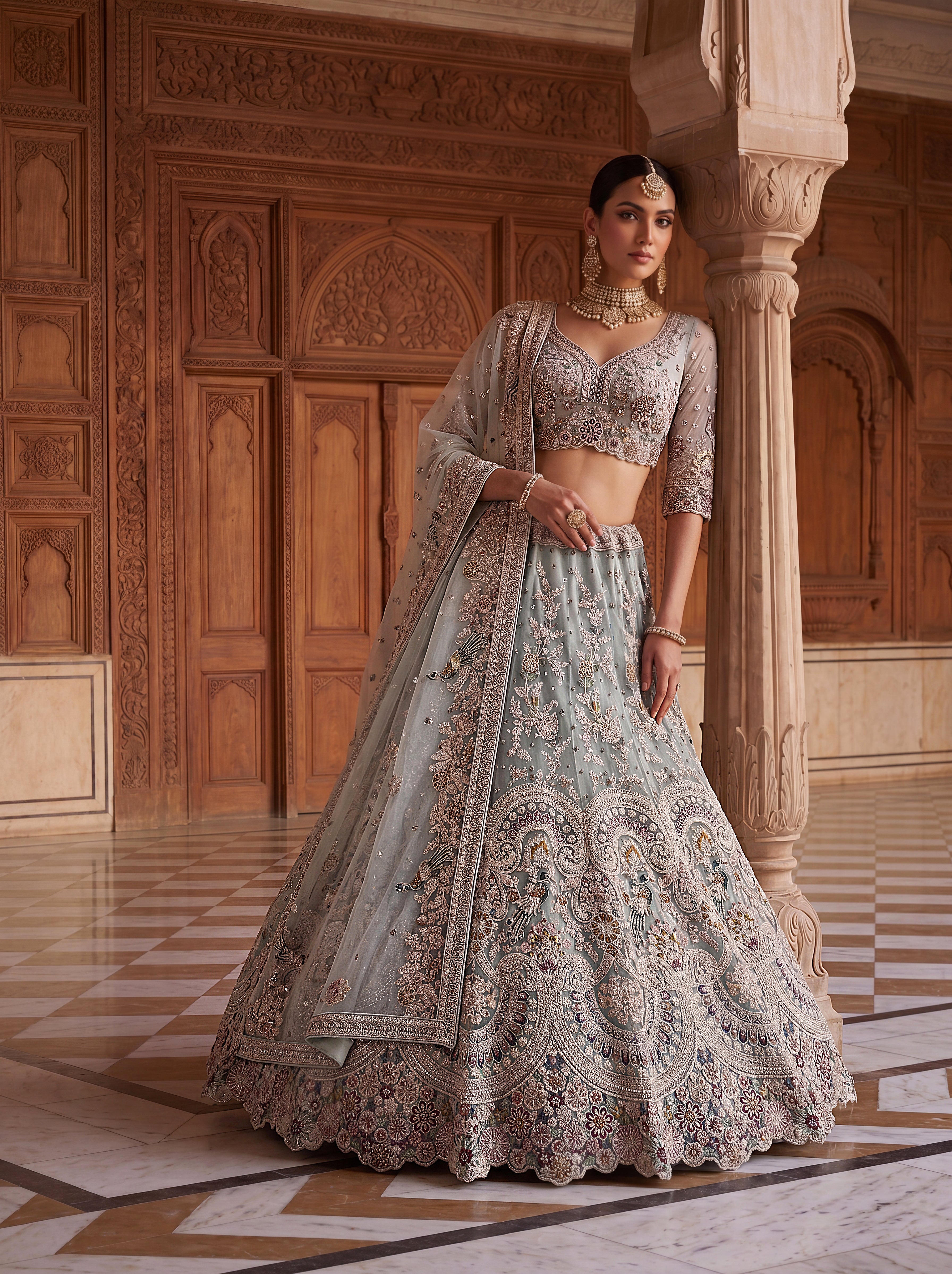 Ice Blue Premium Net Embroidered Lehenga Choli with Peacock Paisley Work and Designer Dupatta