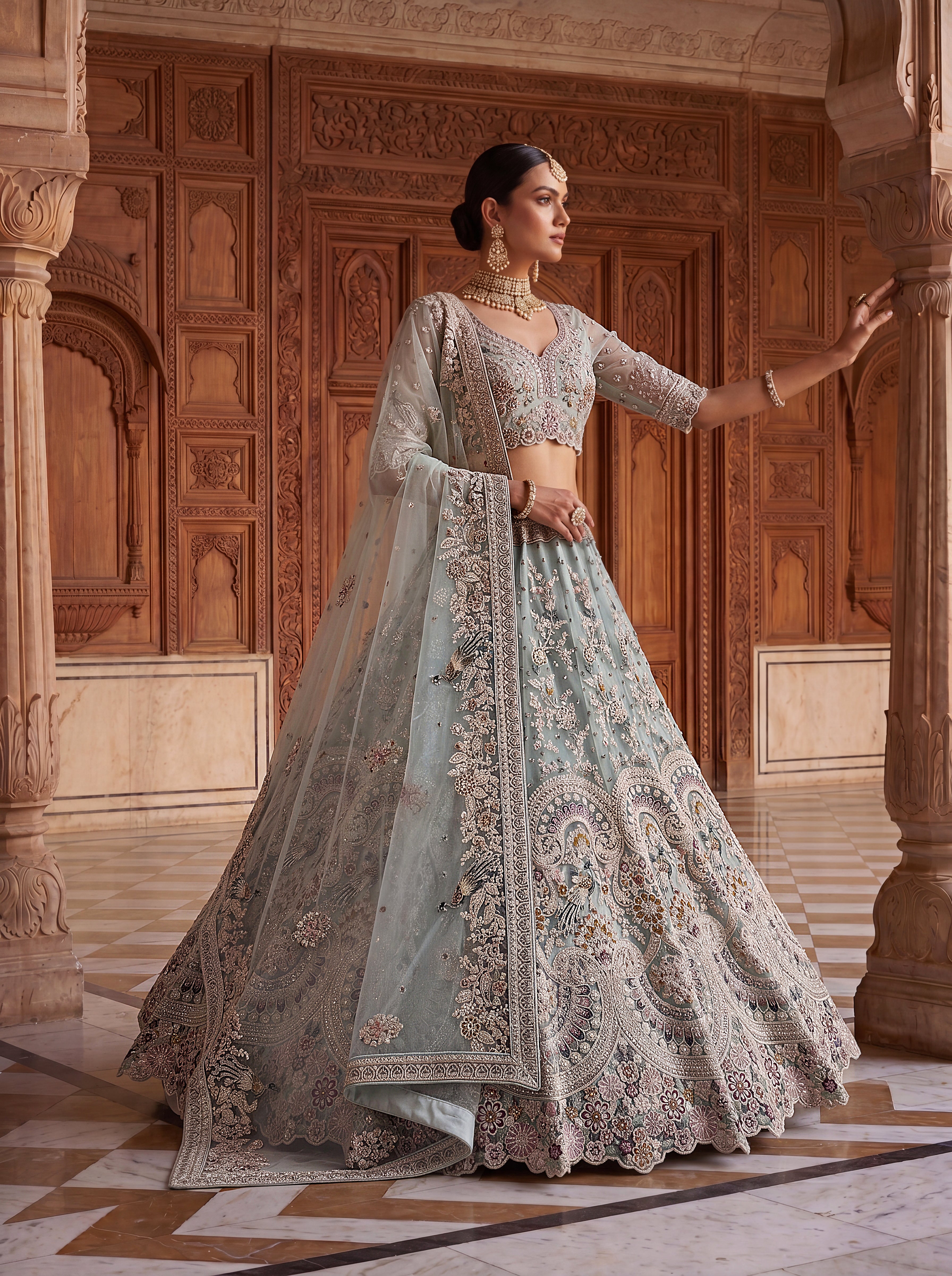 Ice Blue Premium Net Embroidered Lehenga Choli with Peacock Paisley Work and Designer Dupatta