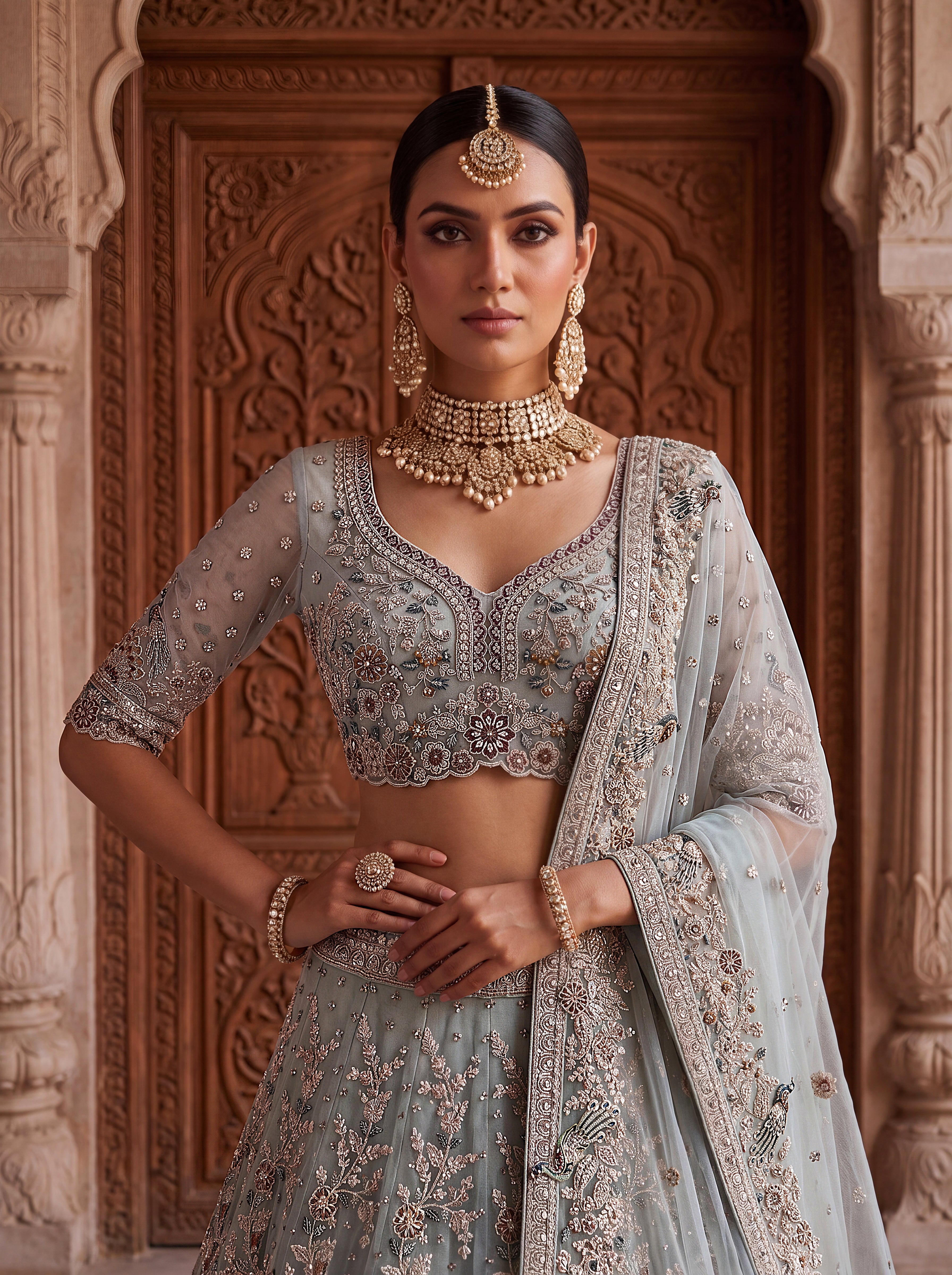Ice Blue Premium Net Embroidered Lehenga Choli with Peacock Paisley Work and Designer Dupatta