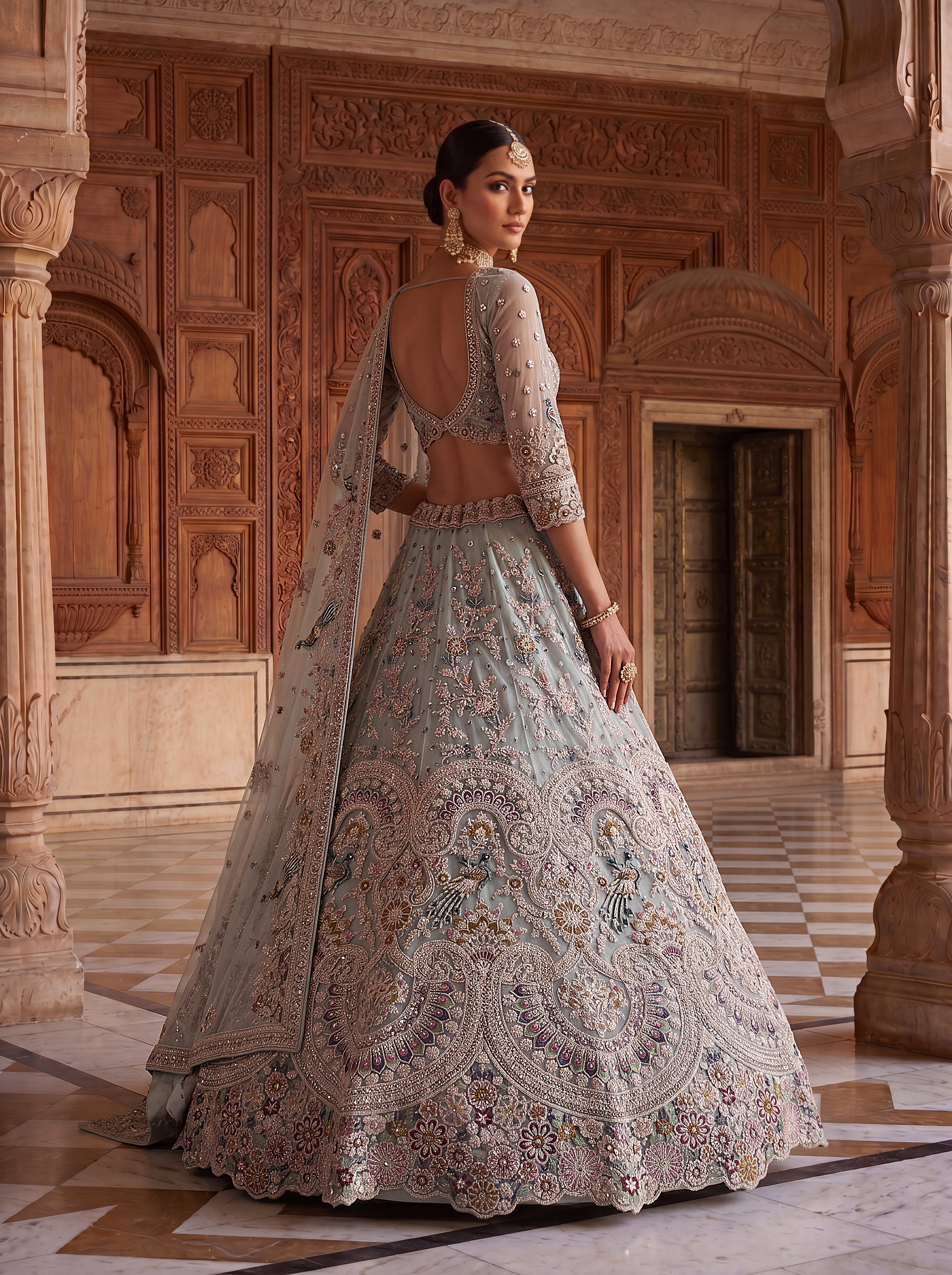 Ice Blue Premium Net Embroidered Lehenga Choli with Peacock Paisley Work and Designer Dupatta