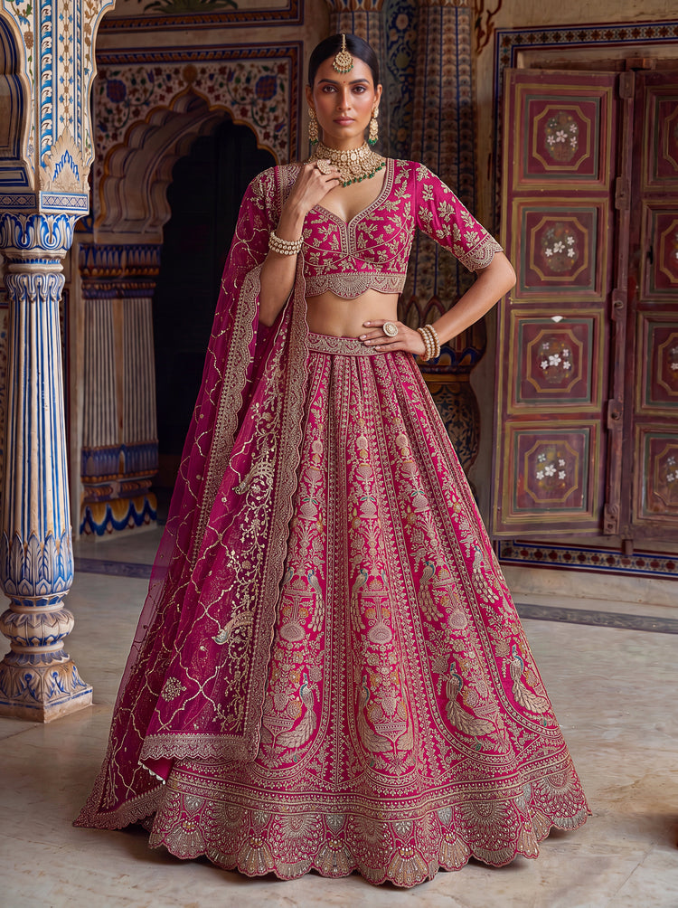 Royal Rose Pink Bridal Lehenga Choli in Heavy Satin Silk with Peacock Embroidery