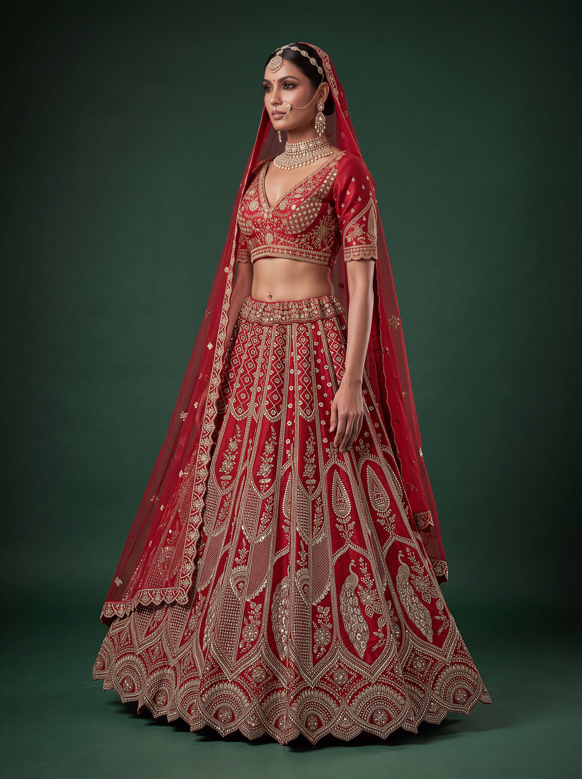 Red Slub Silk Bridal Lehenga Choli with Tatami Zari and Beadwork, photo 3