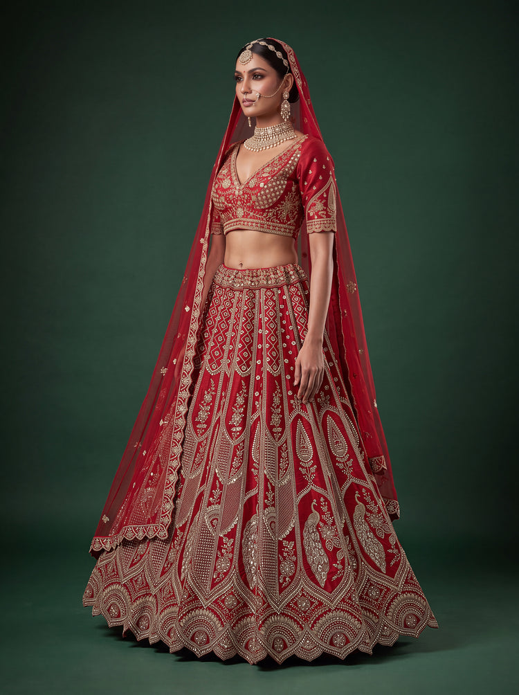 Red Slub Silk Bridal Lehenga Choli with Tatami Zari and Beadwork, photo 3