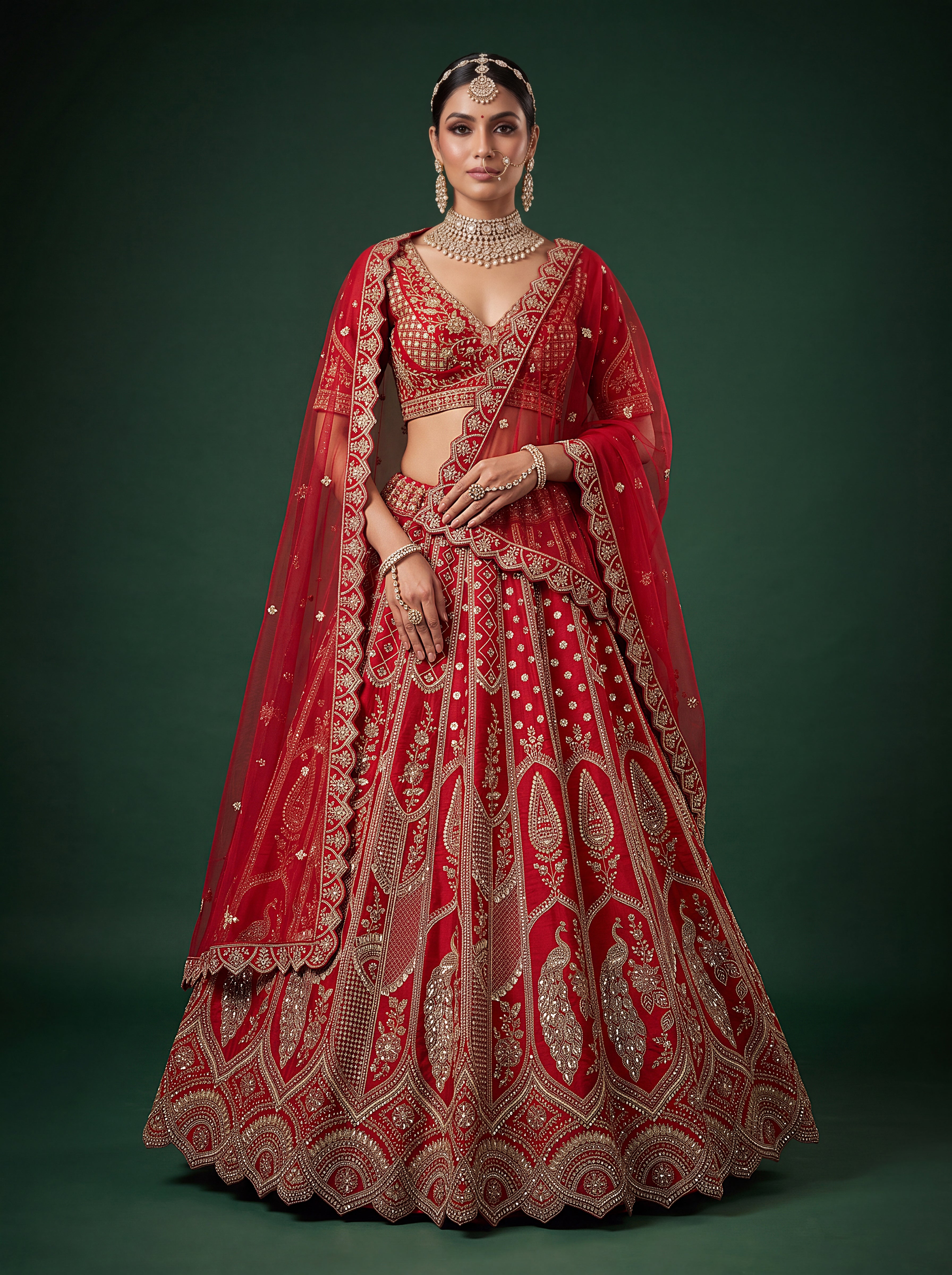 Women's Red Premium Slub Silk Bridal Lehenga Choli with Tatami Zari Embroidery & Soft Net Dupatta | Wedding Wear