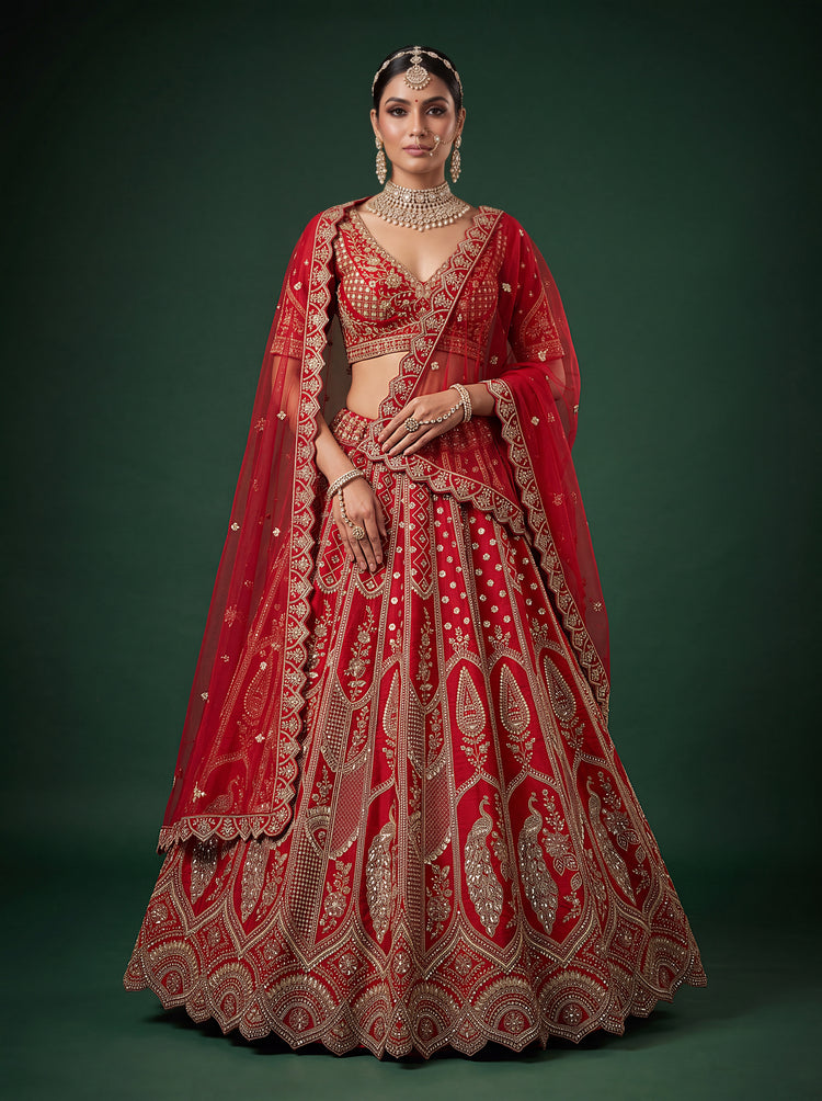 Red Slub Silk Bridal Lehenga Choli with Tatami Zari and Beadwork, photo 4