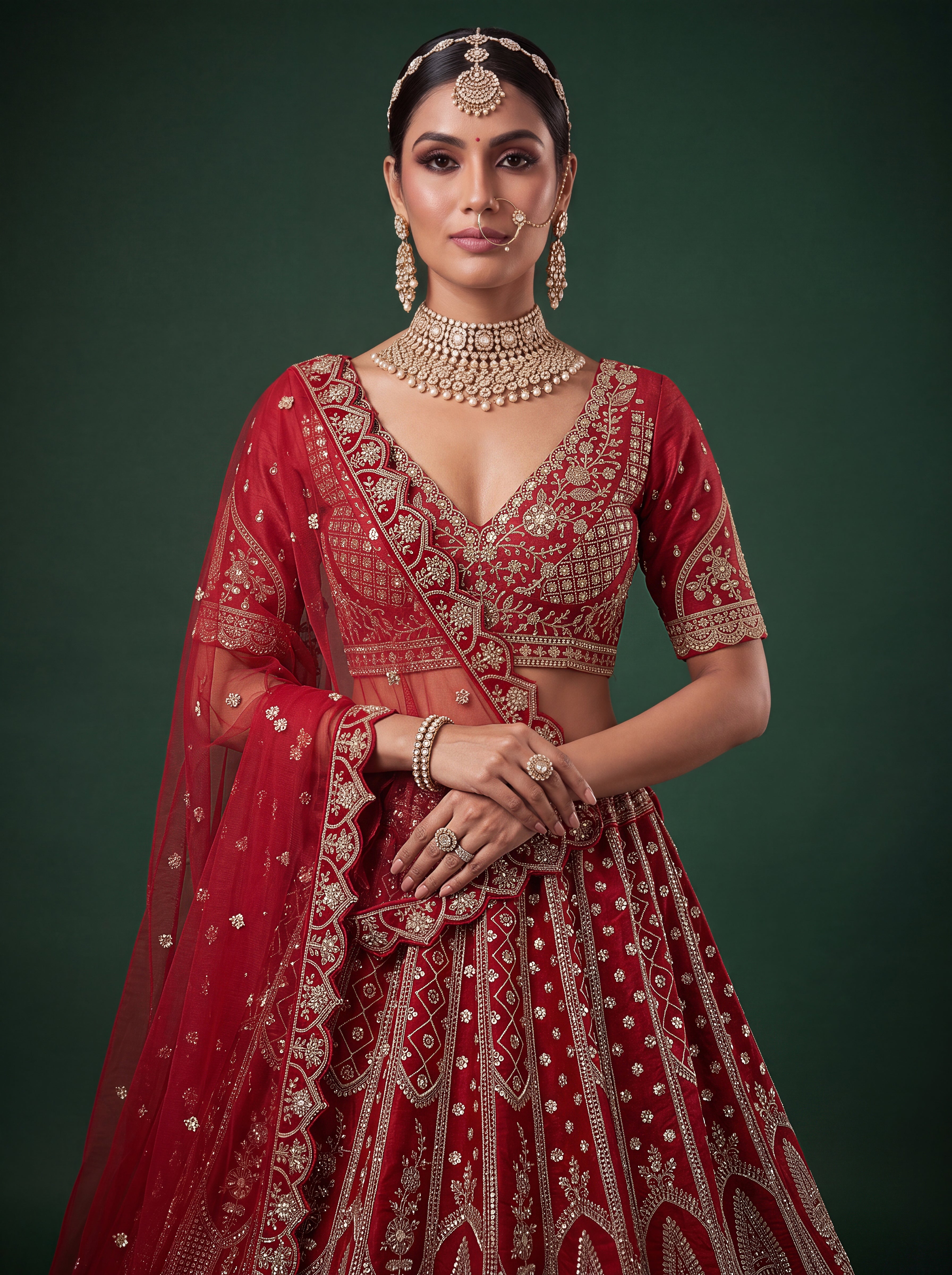 Women's Red Premium Slub Silk Bridal Lehenga Choli with Tatami Zari Embroidery & Soft Net Dupatta | Wedding Wear