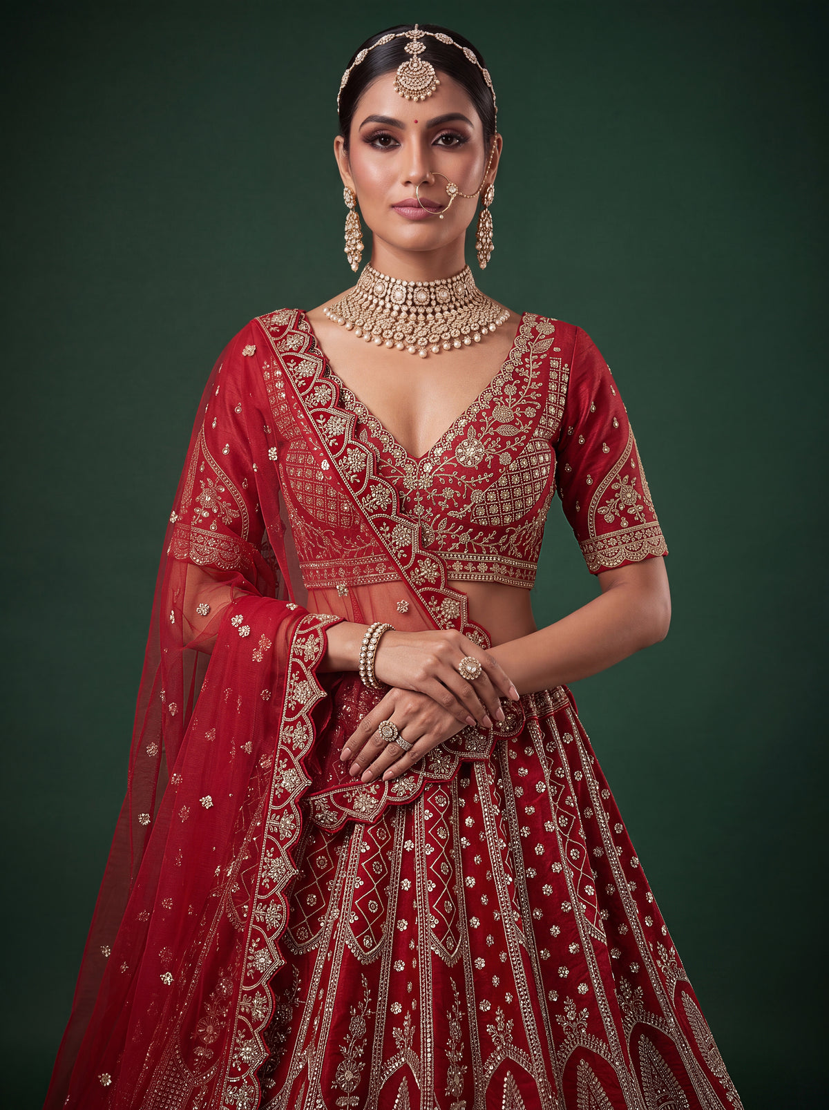 Red Slub Silk Bridal Lehenga Choli with Tatami Zari and Beadwork, photo 5