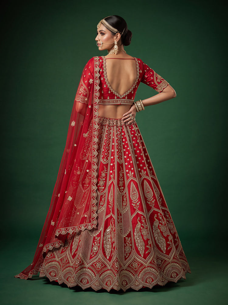 Red Slub Silk Bridal Lehenga Choli with Tatami Zari and Beadwork, photo 2