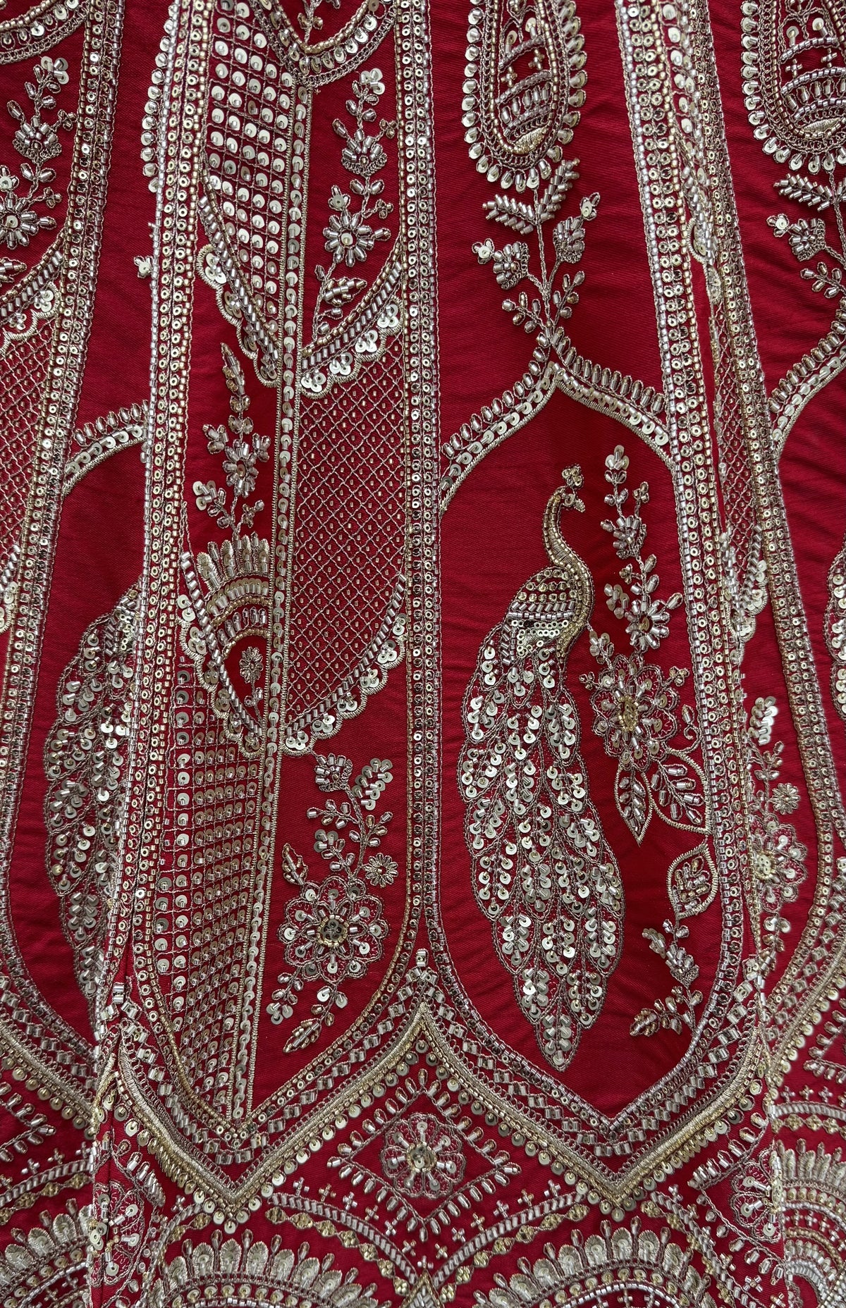 Red Slub Silk Bridal Lehenga Choli with Tatami Zari and Beadwork, close-up 2