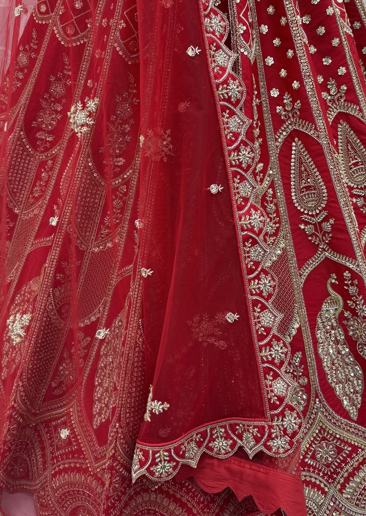 Red Slub Silk Bridal Lehenga Choli with Tatami Zari and Beadwork, close-up 1