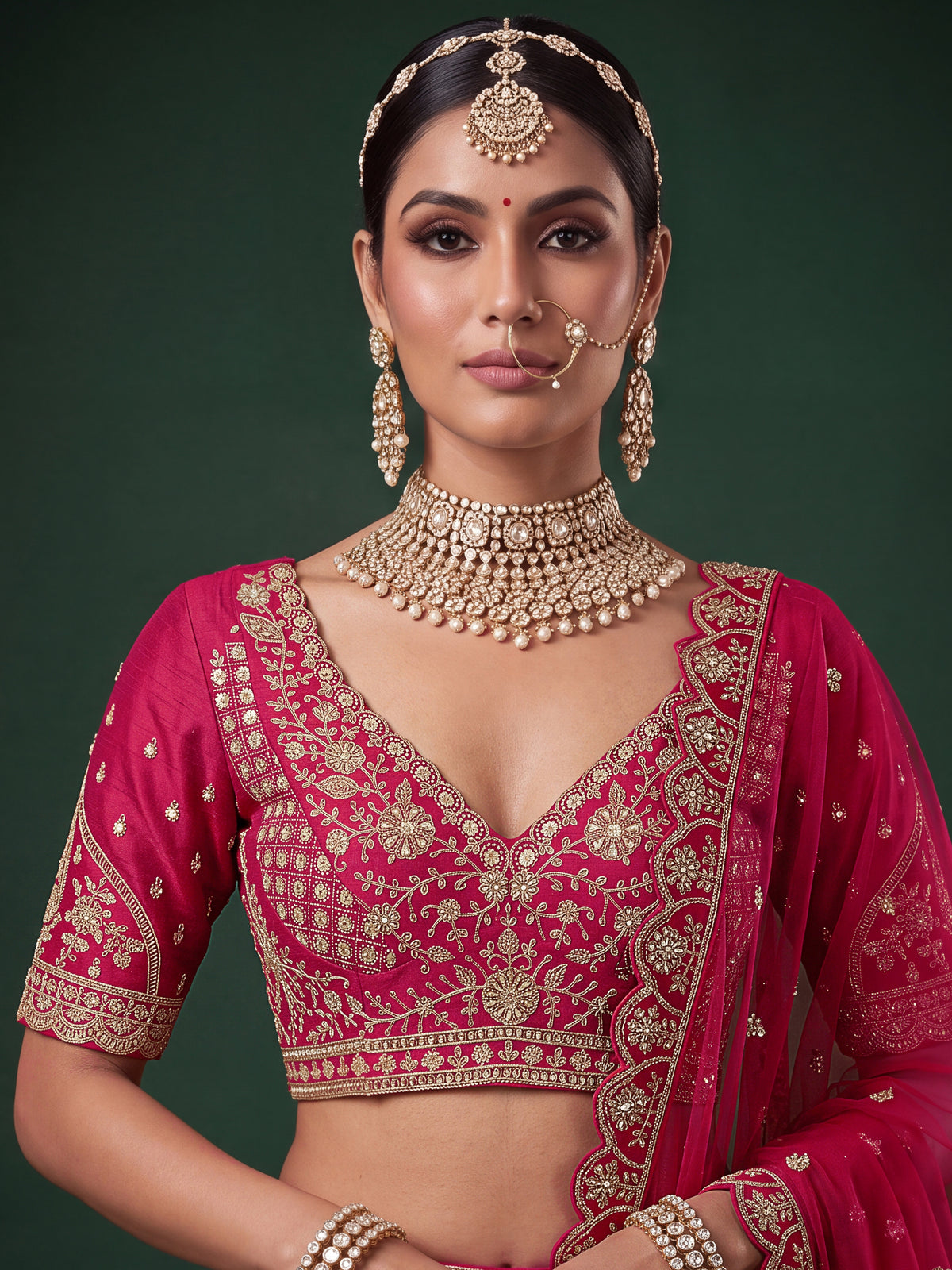Rani Pink Slub Silk Bridal Lehenga Choli with Tatami Zari and Beadwork, photo 5