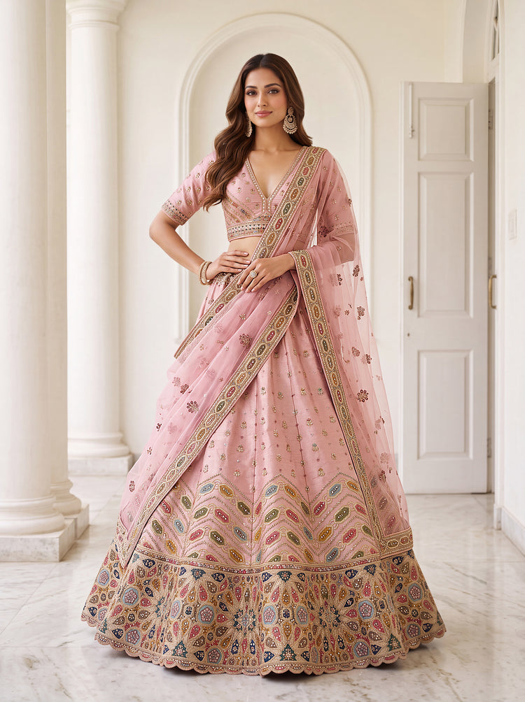  Pink Slub Silk Lehenga Choli with Gotta Patti