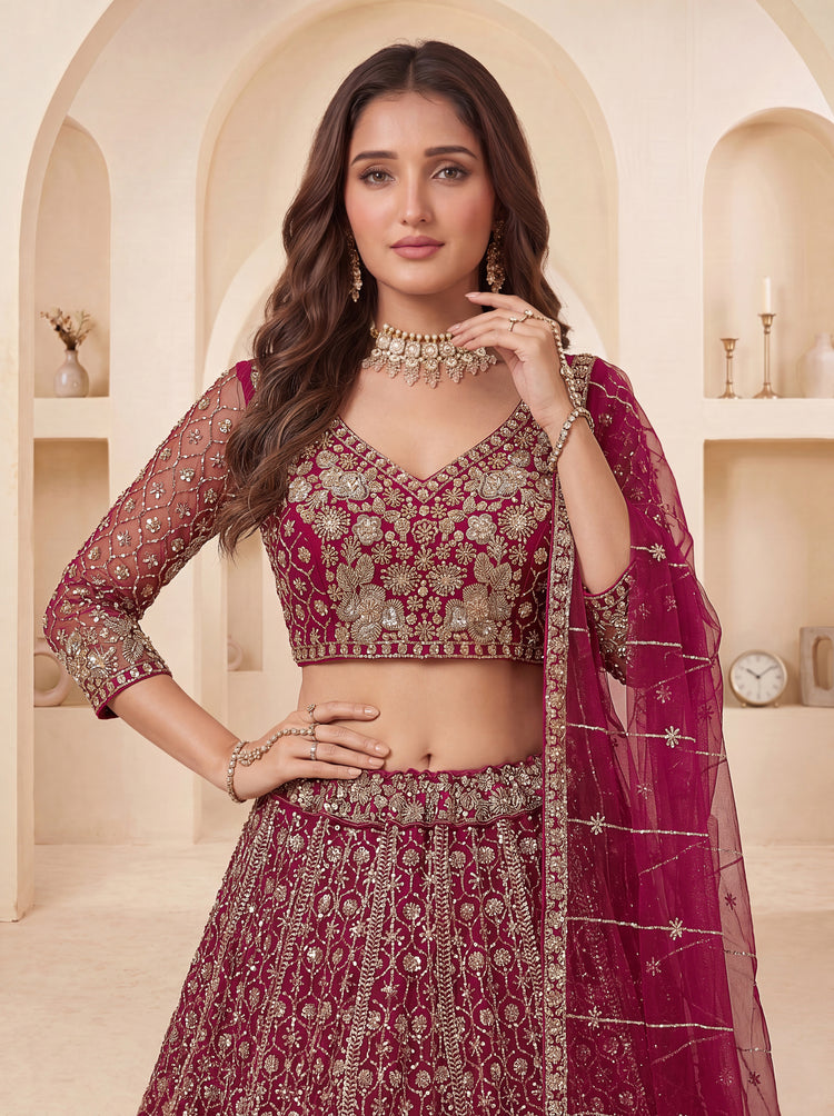 Premium Wine Bridal Lehenga Choli with Crystal Handwork