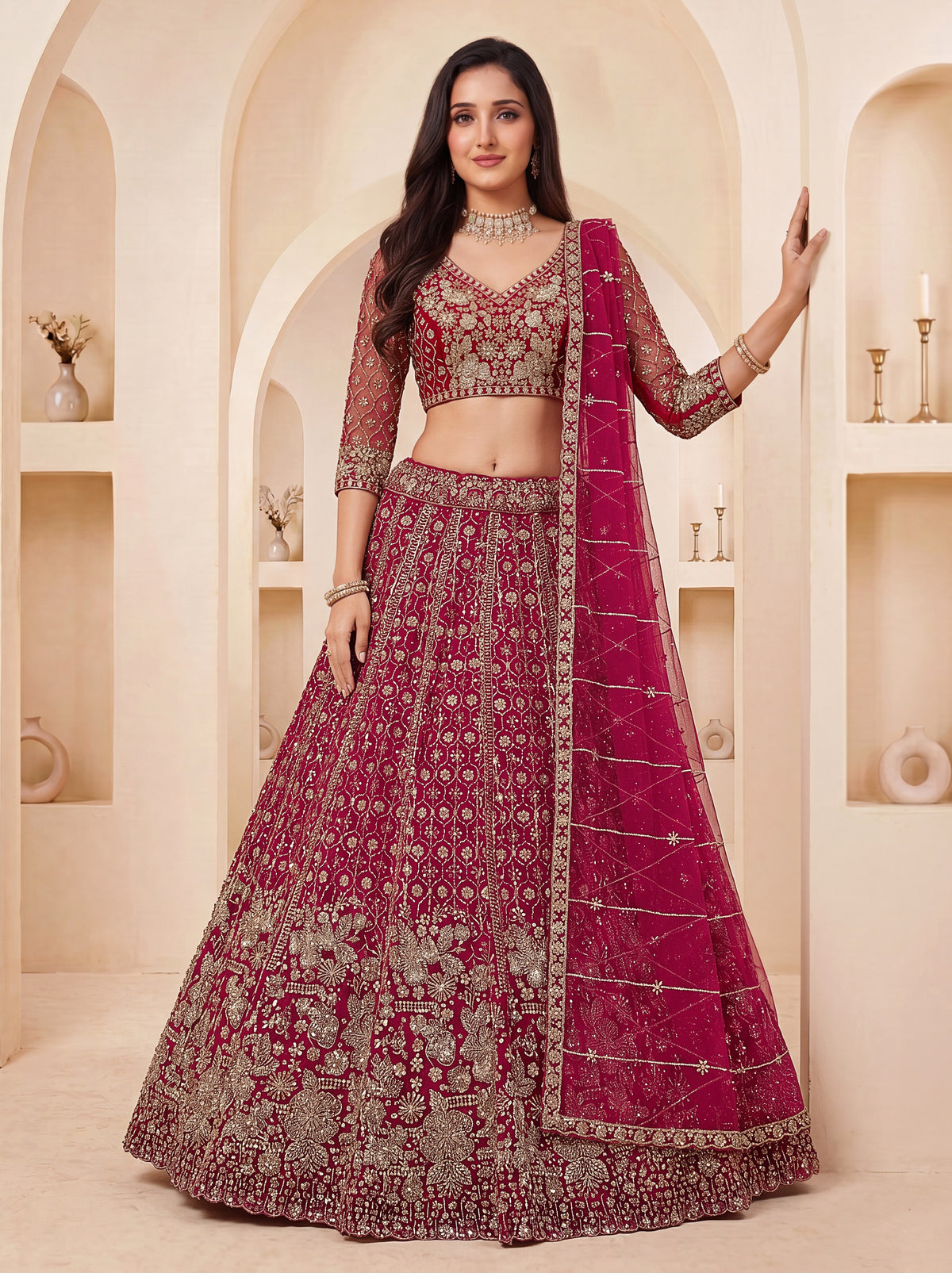 Premium Wine Bridal Lehenga Choli with Crystal Handwork