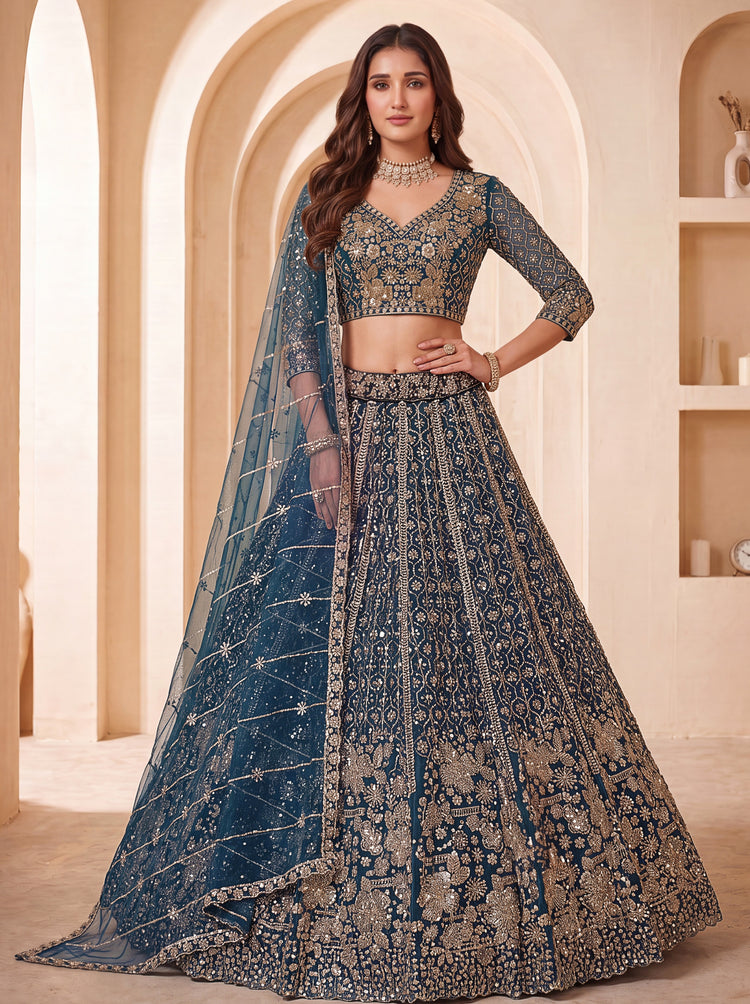 Premium Teal Blue Bridal Lehenga Choli with Crystal Handwork