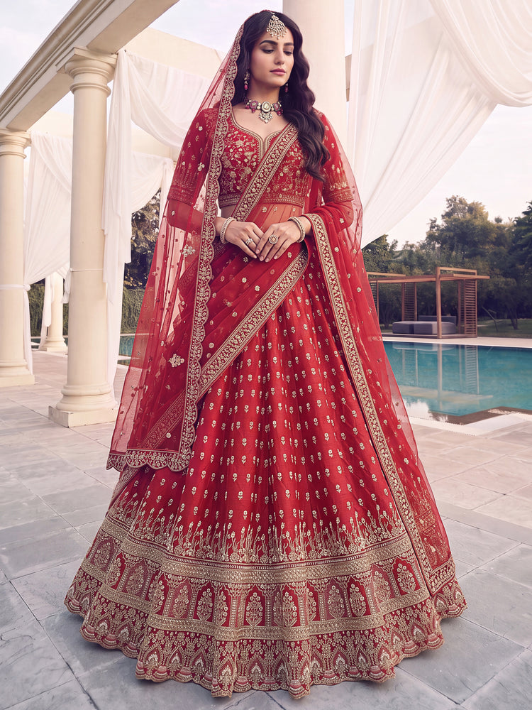 Red Heavy Embroidered Bridal Lehenga Choli with Net Dupatta