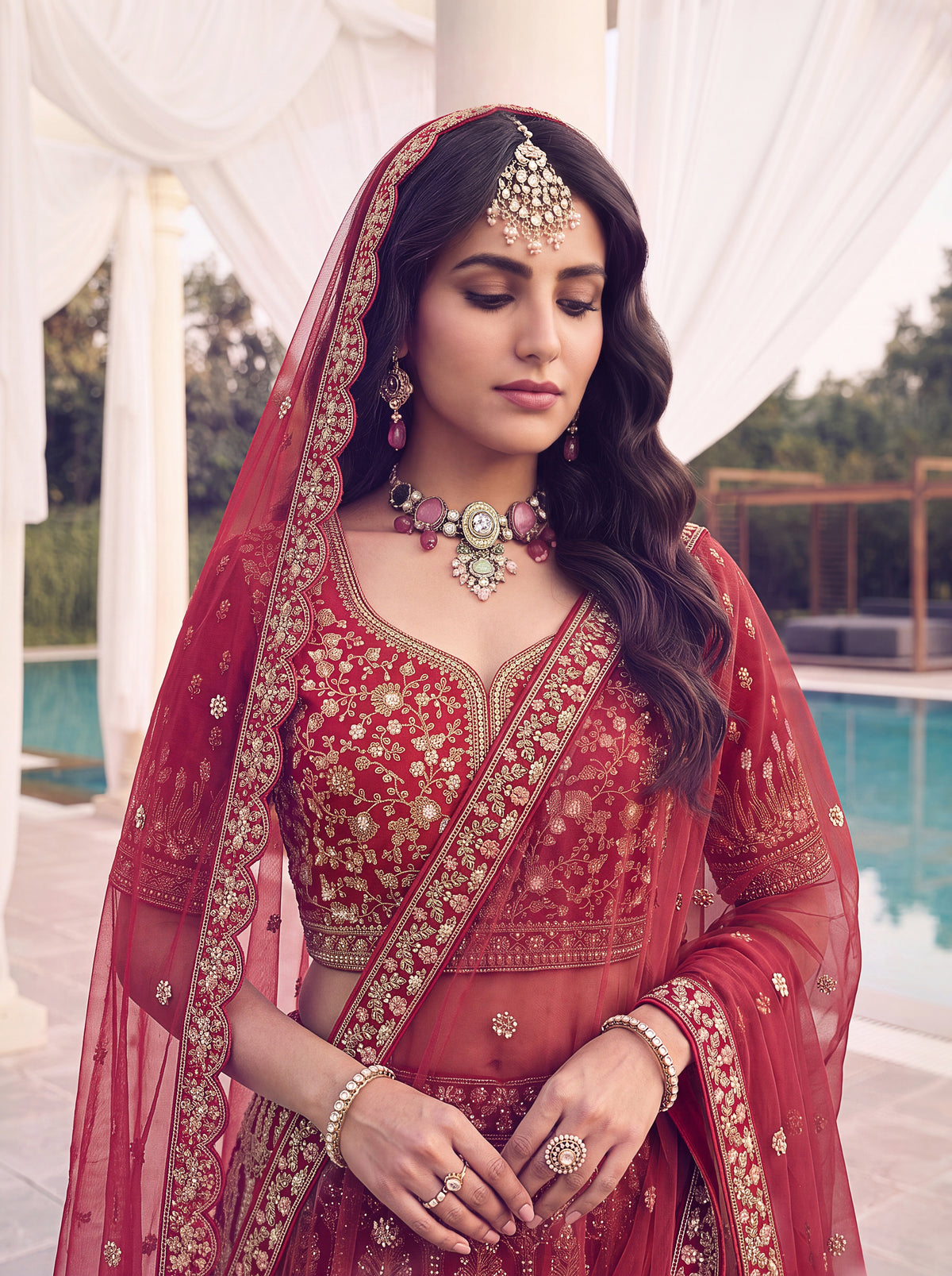 Red Slub Silk Bridal Lehenga Choli with Bead Handwork and Zari, photo 5