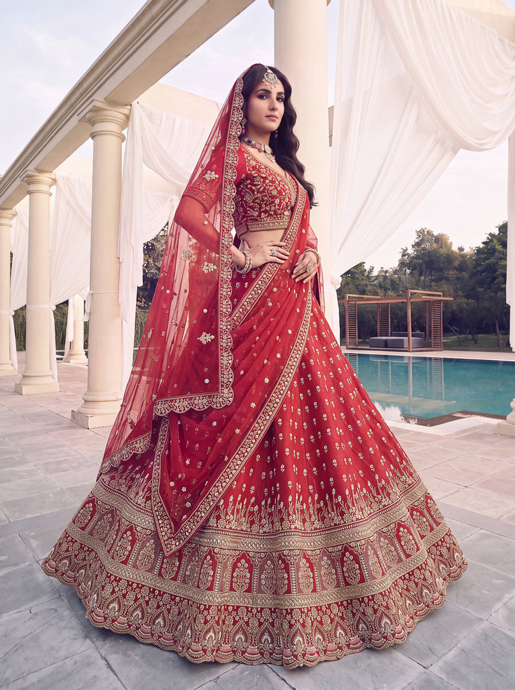 Red Slub Silk Bridal Lehenga Choli with Bead Handwork and Zari, photo 3