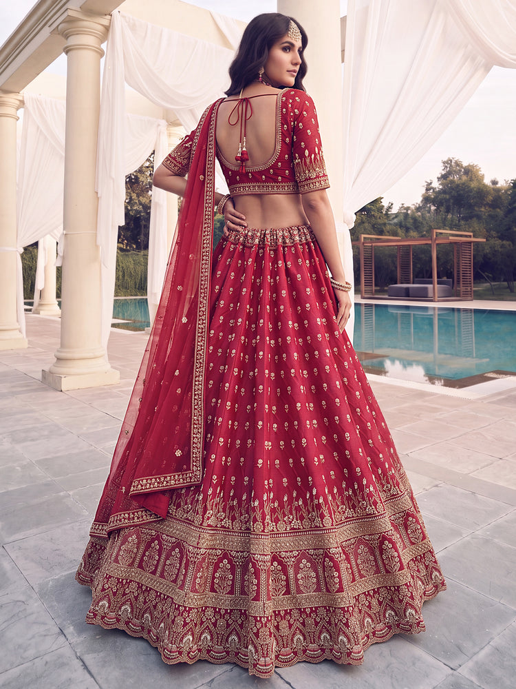 Red Slub Silk Bridal Lehenga Choli with Bead Handwork and Zari, photo 2