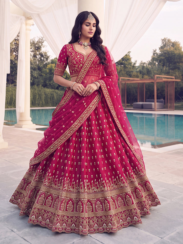 Rani Pink Heavy Embroidered Bridal Lehenga Choli with Net Dupatta