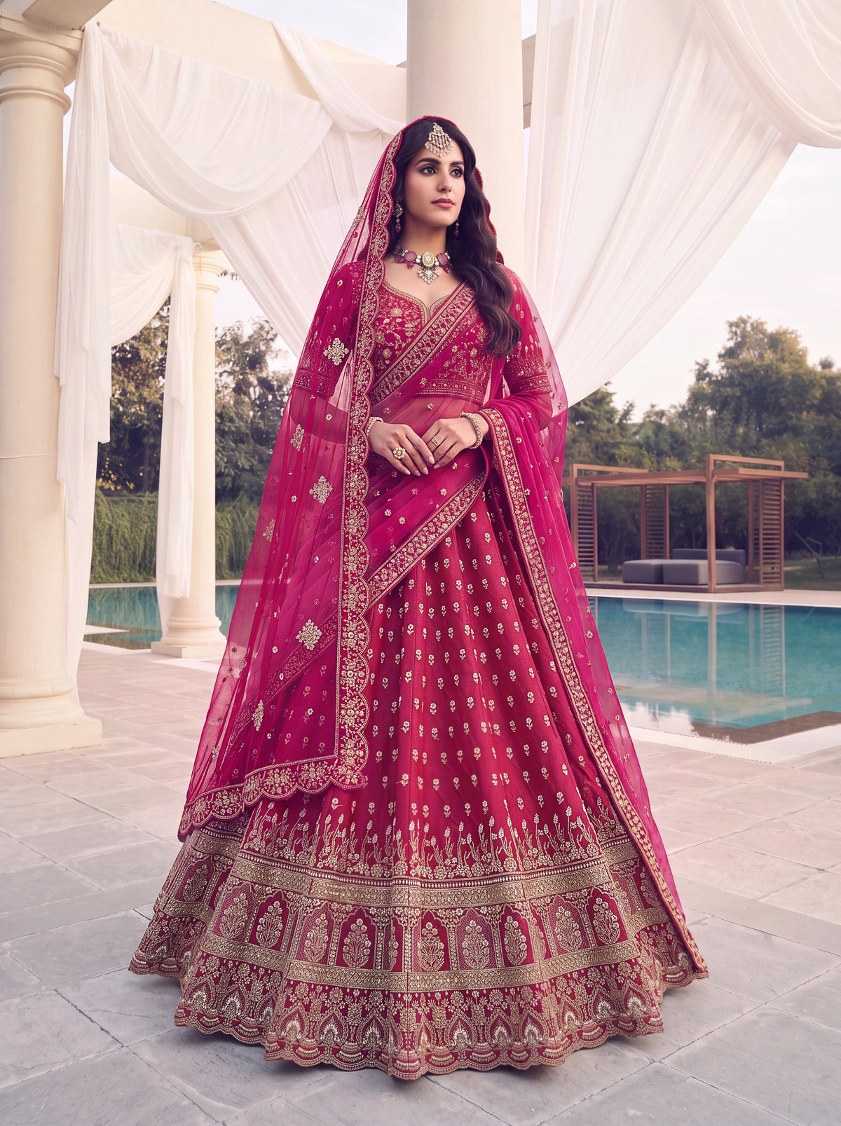 Rani Pink Slub Silk Bridal Lehenga Choli with Bead Handwork and Zari, photo 2