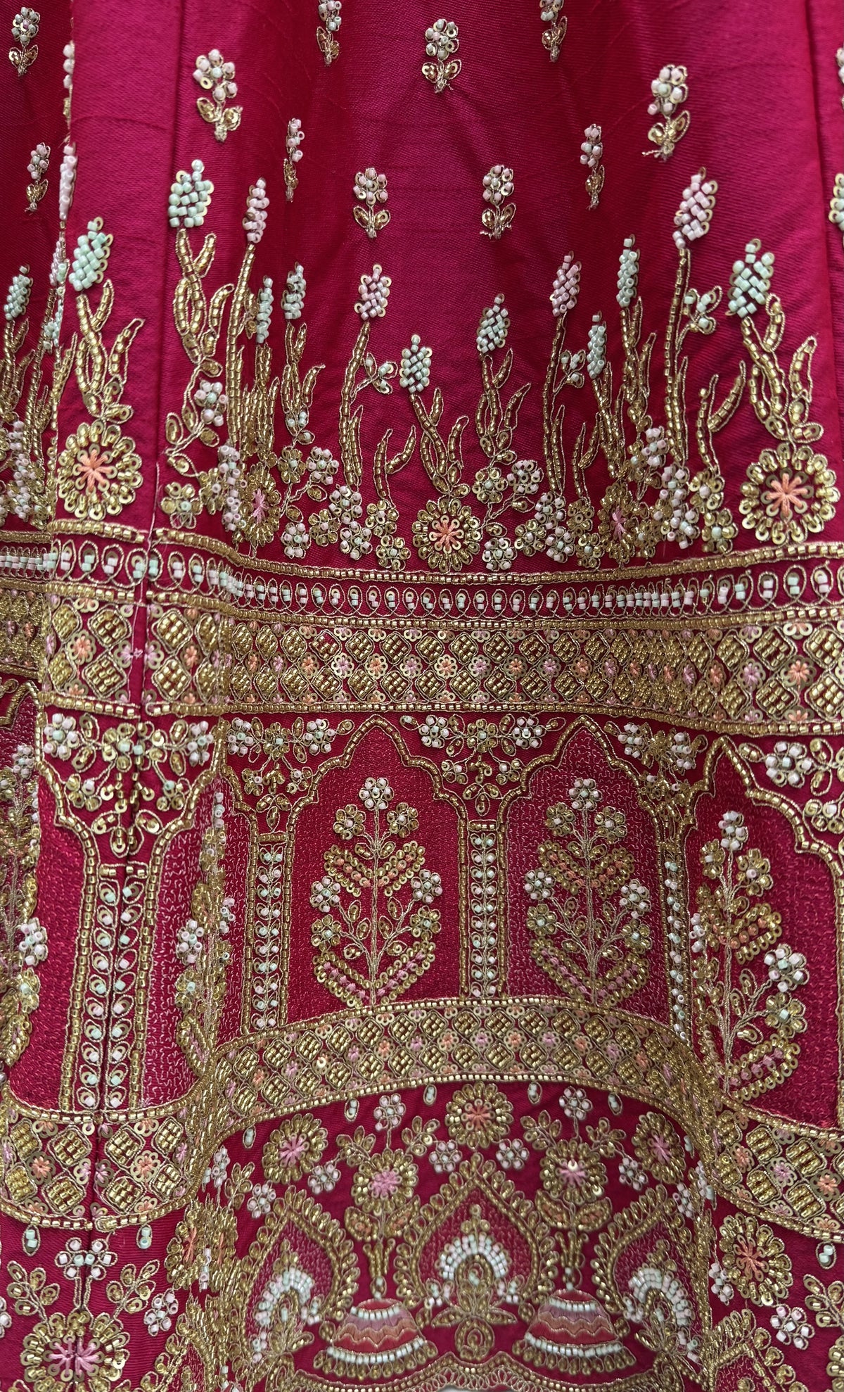 Rani Pink Slub Silk Bridal Lehenga Choli with Bead Handwork and Zari, close-up 1