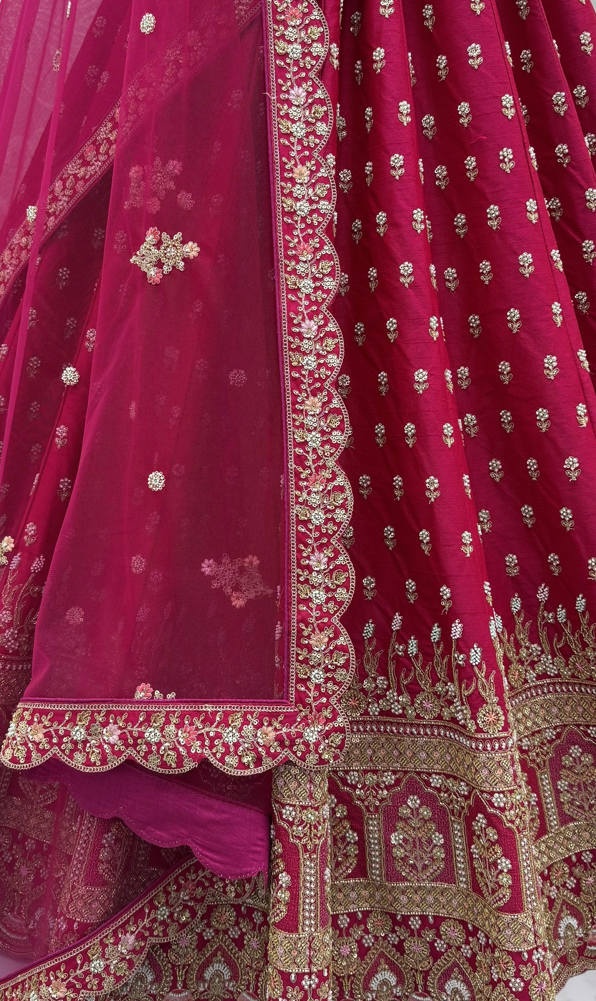 Rani Pink Slub Silk Bridal Lehenga Choli with Bead Handwork and Zari, close-up 2