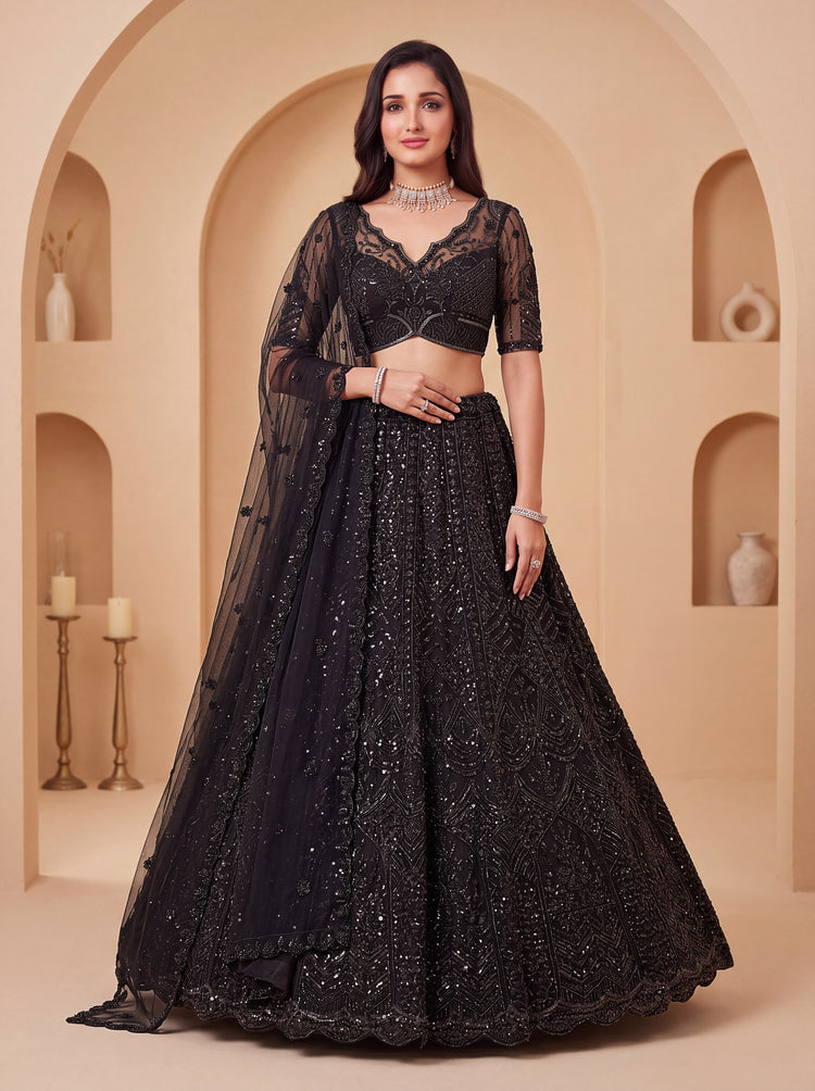 Black Handwork Net Lehenga 
