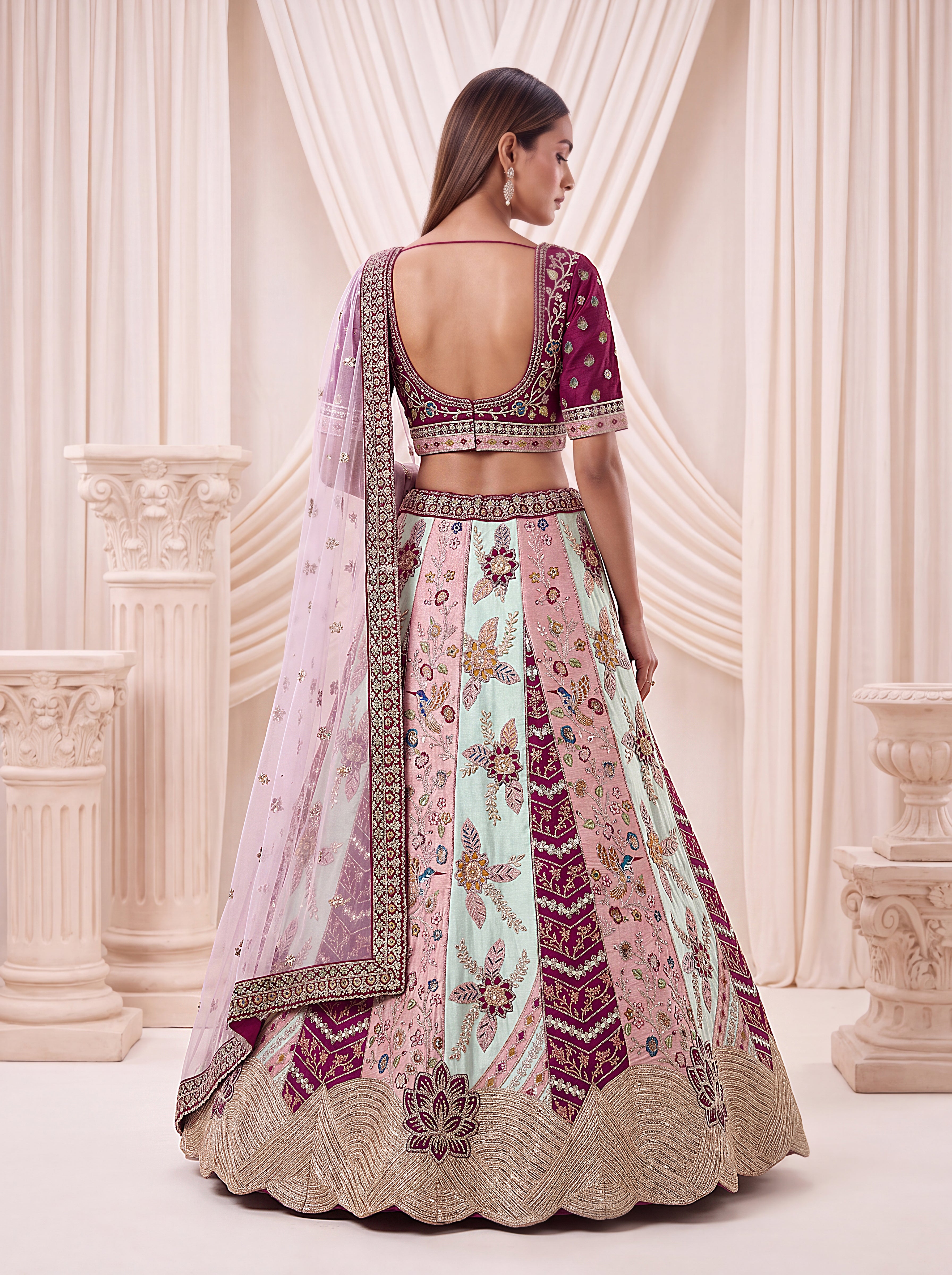 Luxury Satin Silk Floral Bridal Lehenga Choli with Hand Mirror Work | Designer Wedding Wear