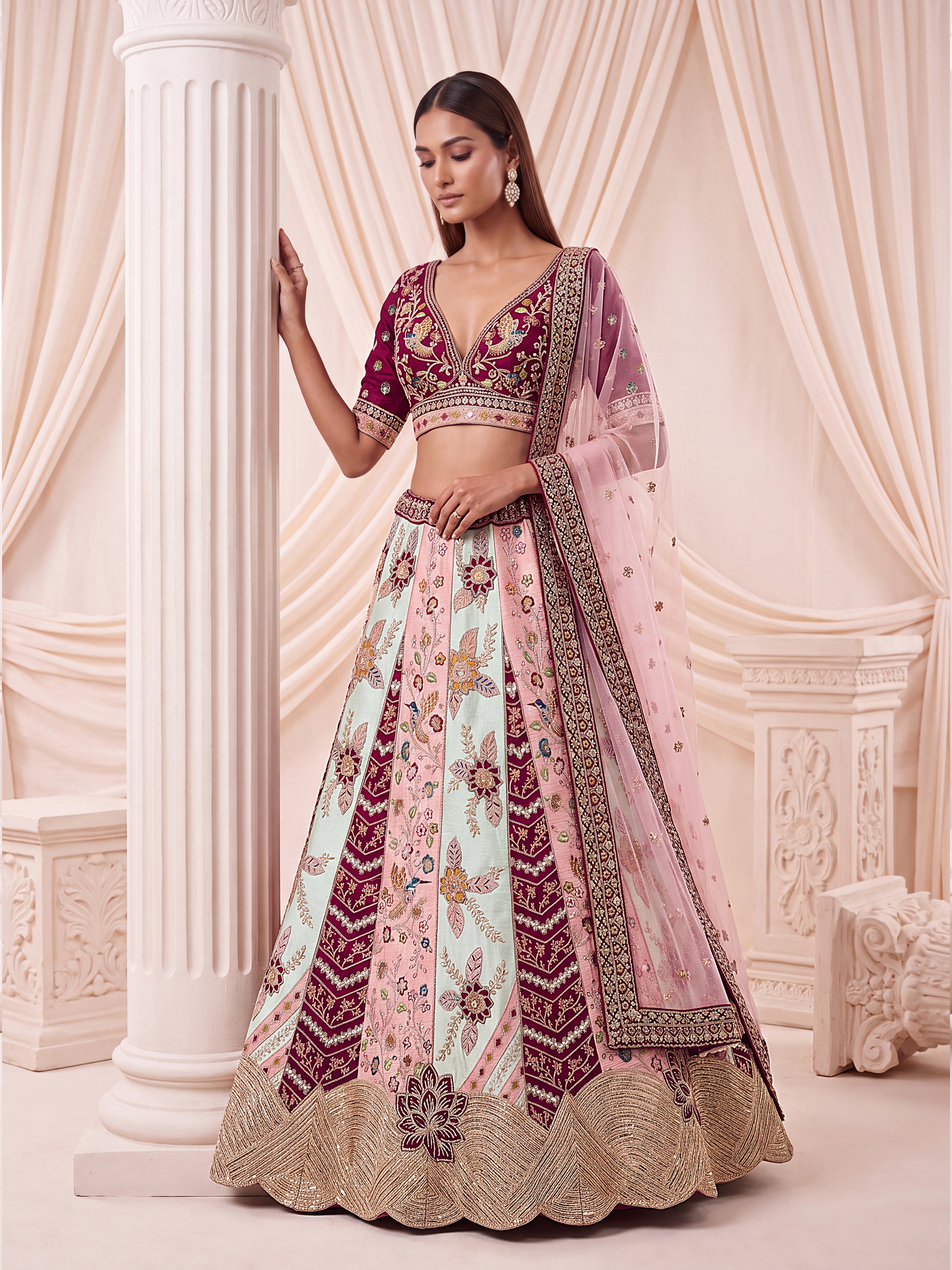 Luxury Satin Silk Floral Bridal Lehenga Choli with Hand Mirror Work | Designer Wedding Wear