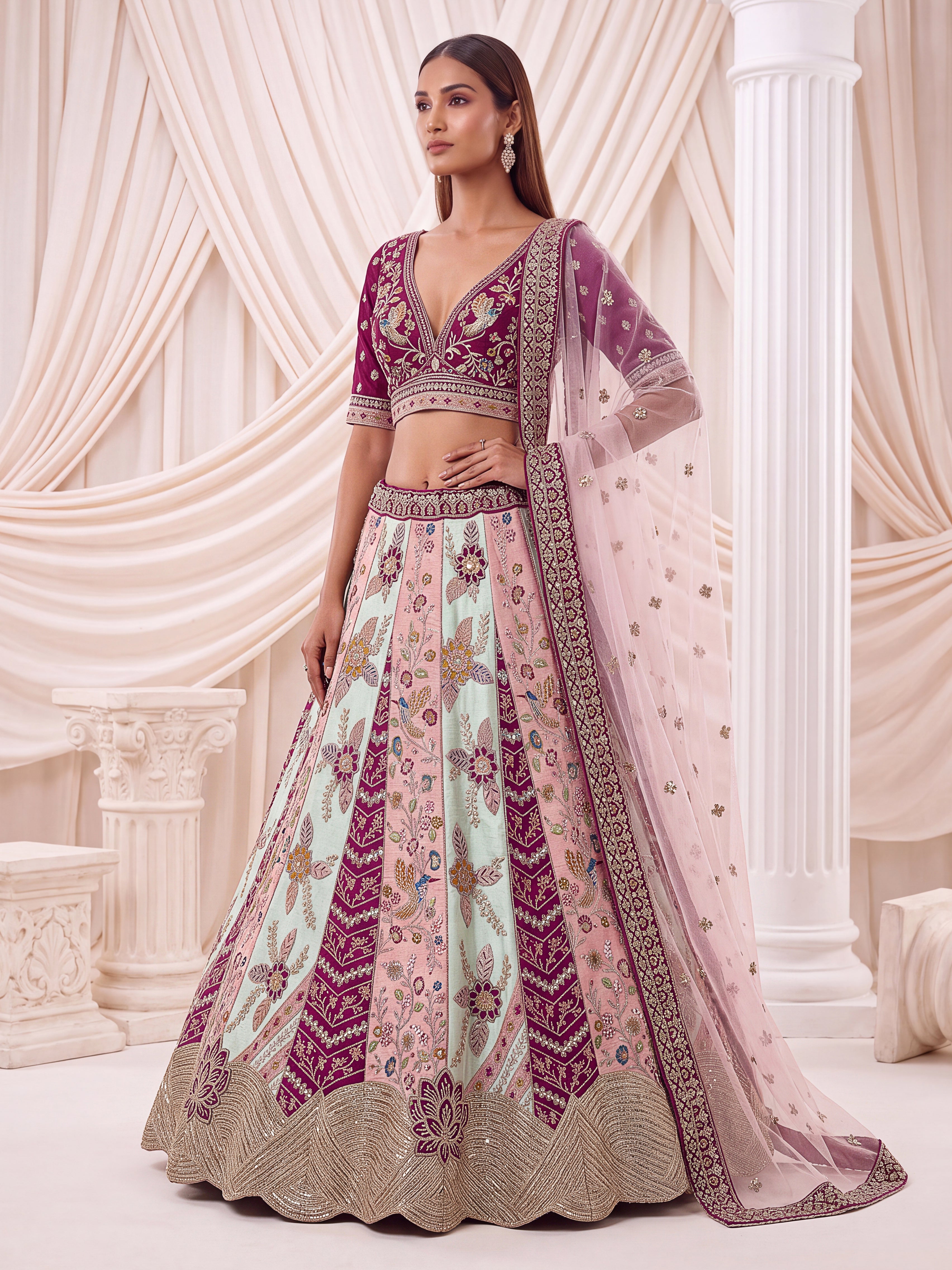 Luxury Satin Silk Floral Bridal Lehenga Choli with Hand Mirror Work | Designer Wedding Wear