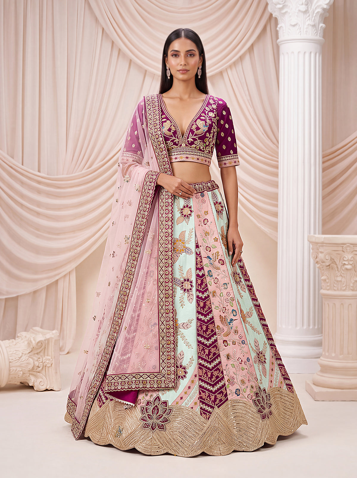 Luxury Satin Silk Floral Bridal Lehenga Choli with Hand Mirror Work | Designer Wedding Wear