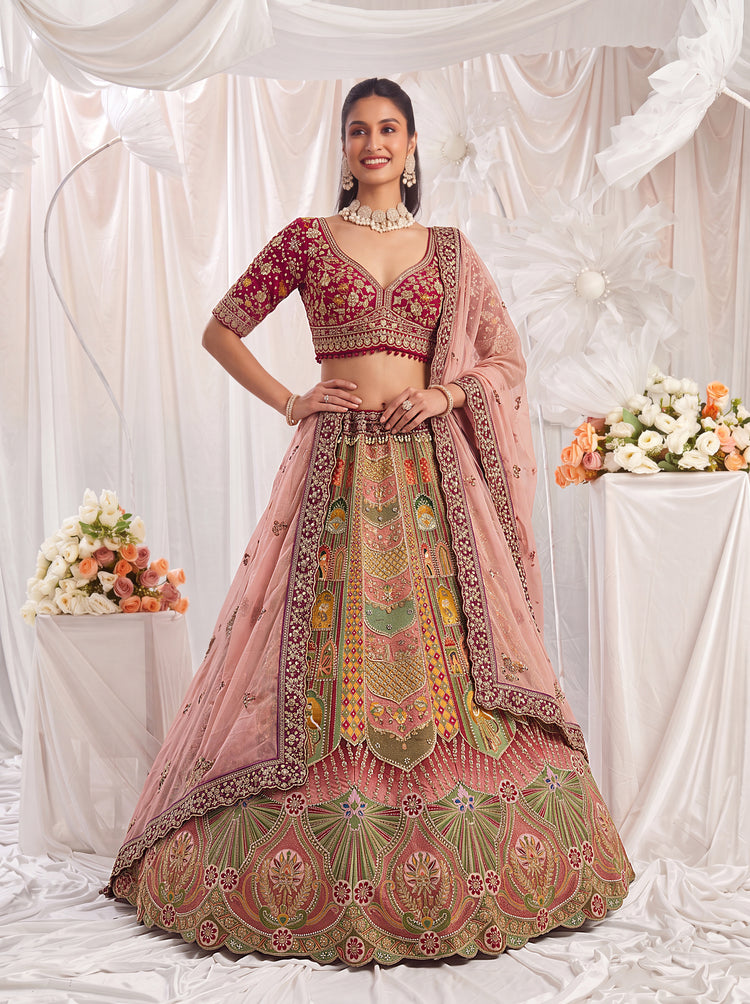 Luxury Pink Slub Silk Bridal Lehenga Choli